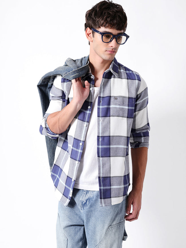 Men Blue Cotton Checked Shirt