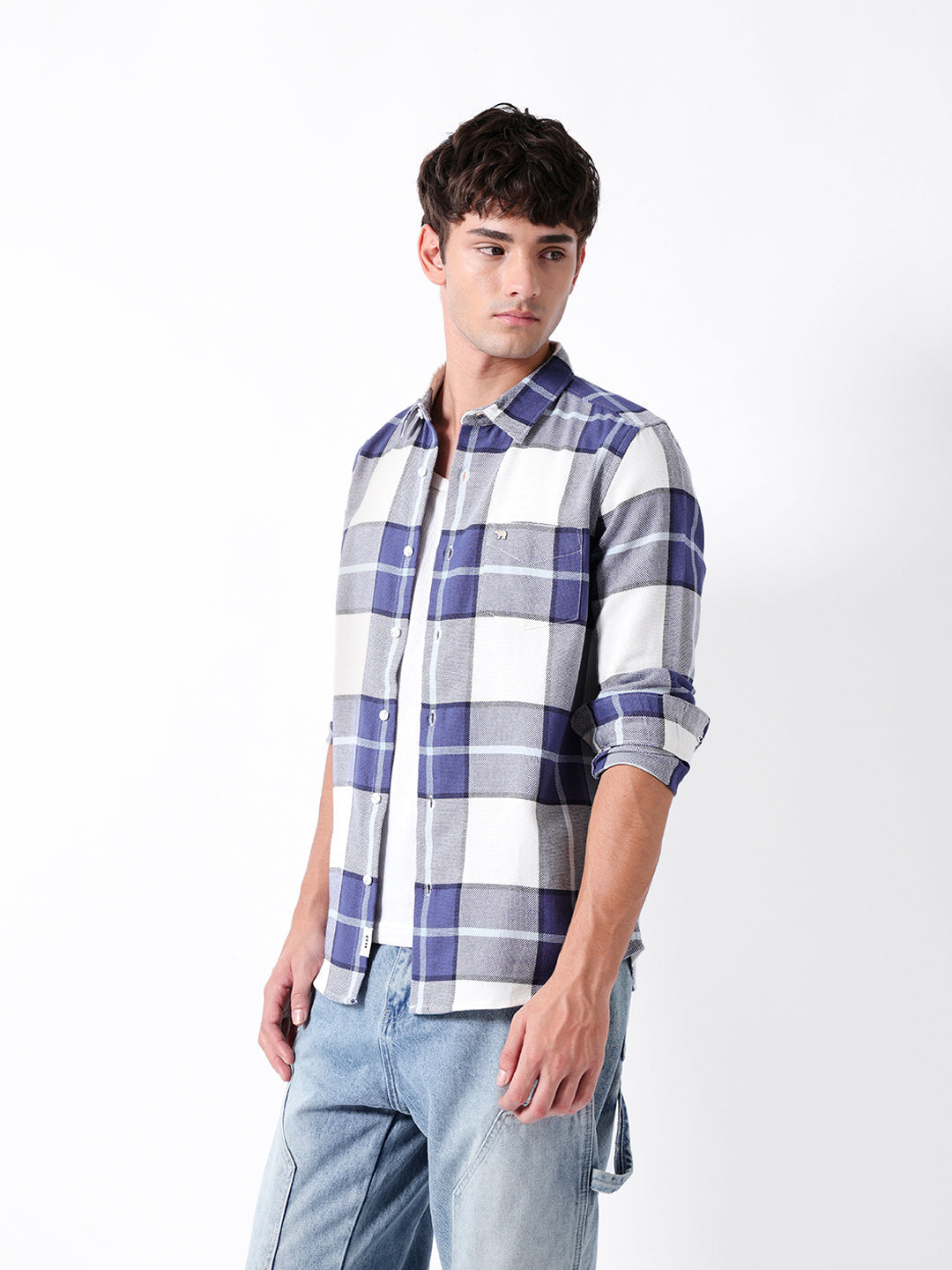 Men Blue Cotton Checked Shirt