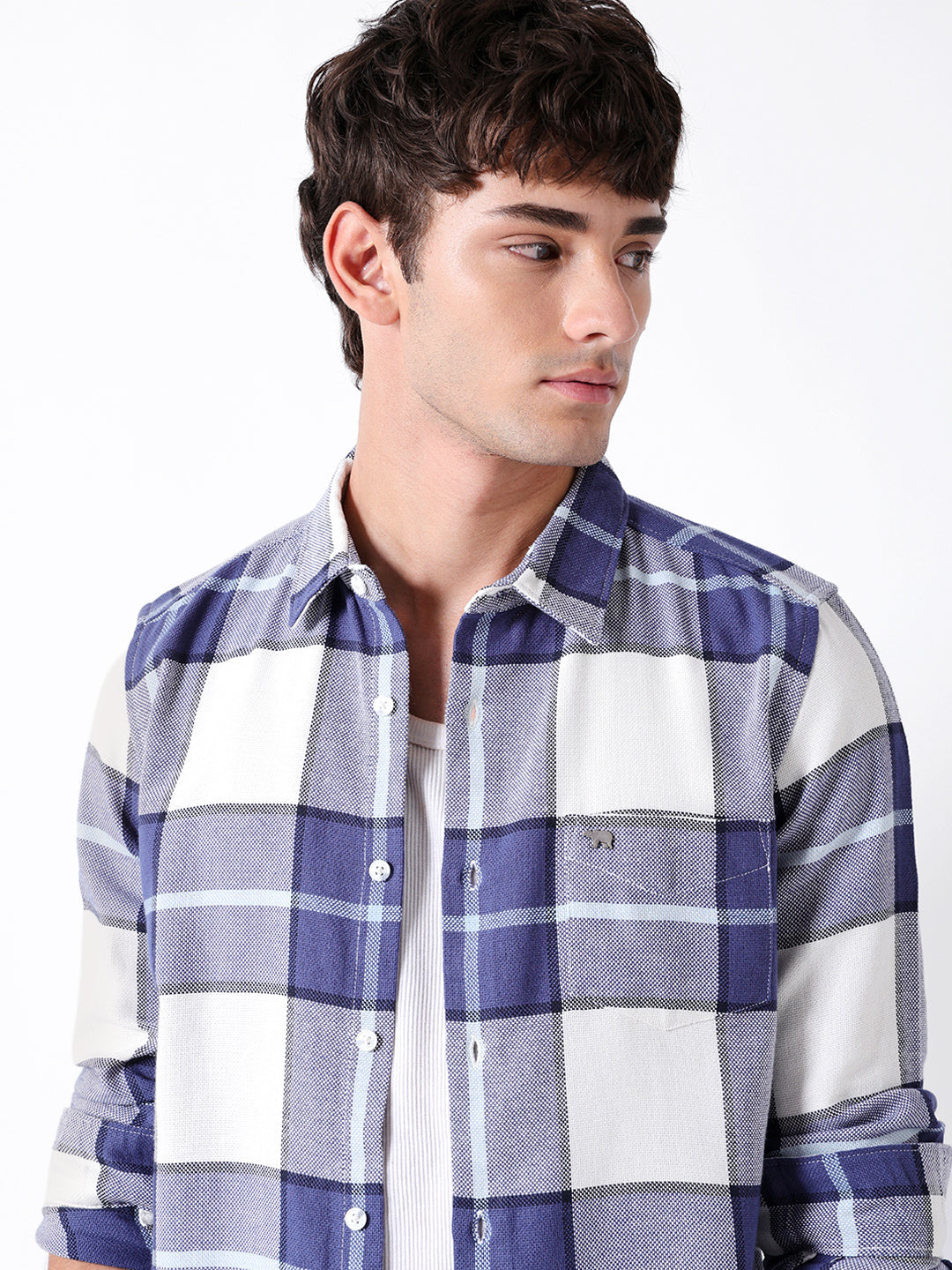 Men Blue Cotton Checked Shirt