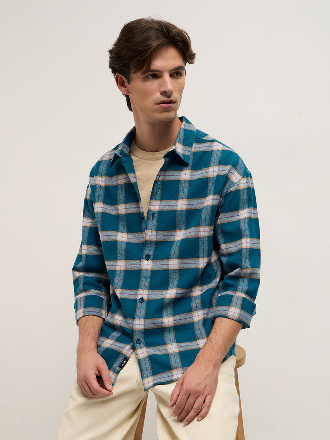 Men Teal Checked Flannel Woven Relaxed Fit Overshirt