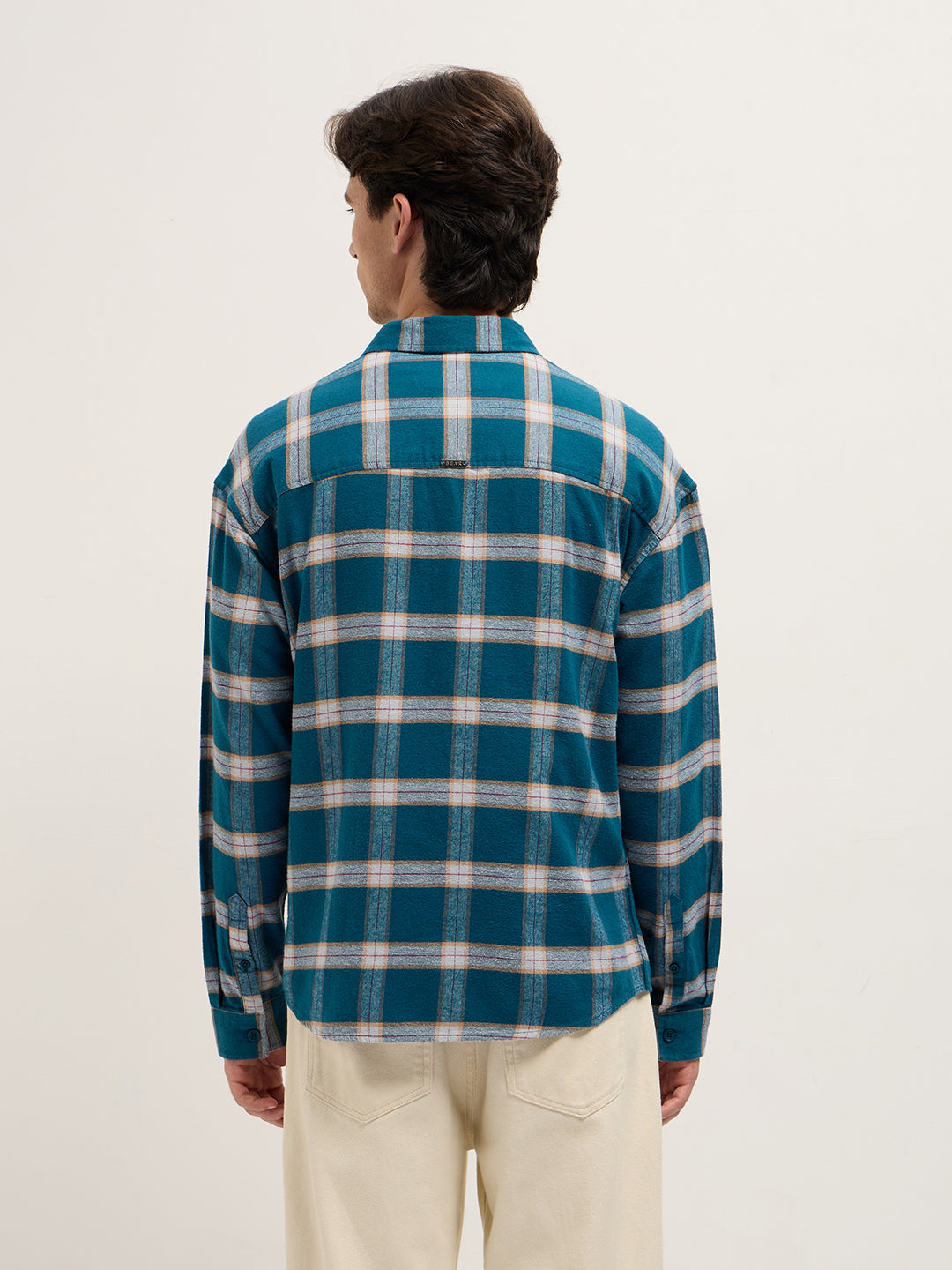 Men Teal Checked Flannel Woven Relaxed Fit Overshirt