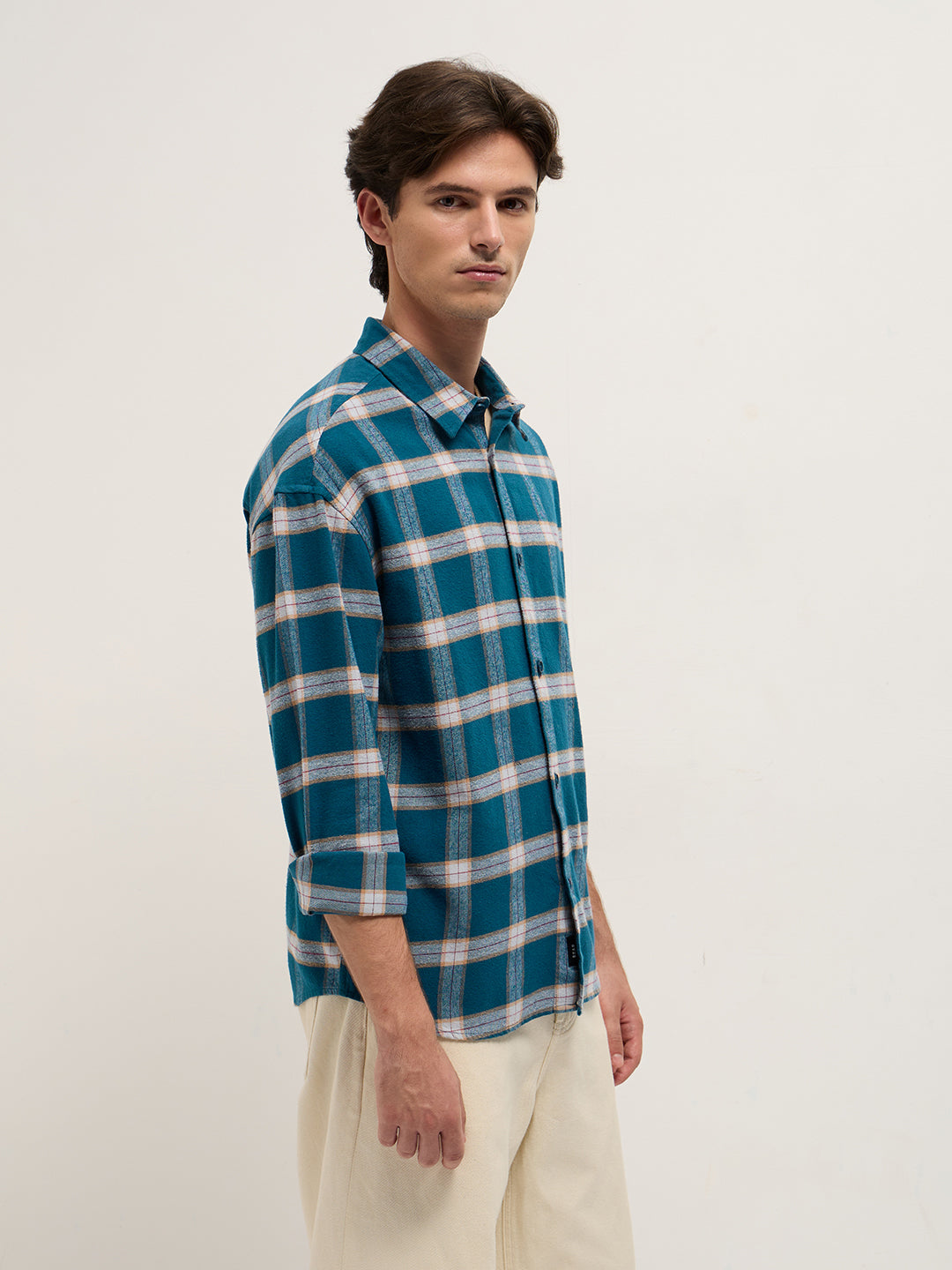 Men Teal Checked Flannel Woven Relaxed Fit Overshirt