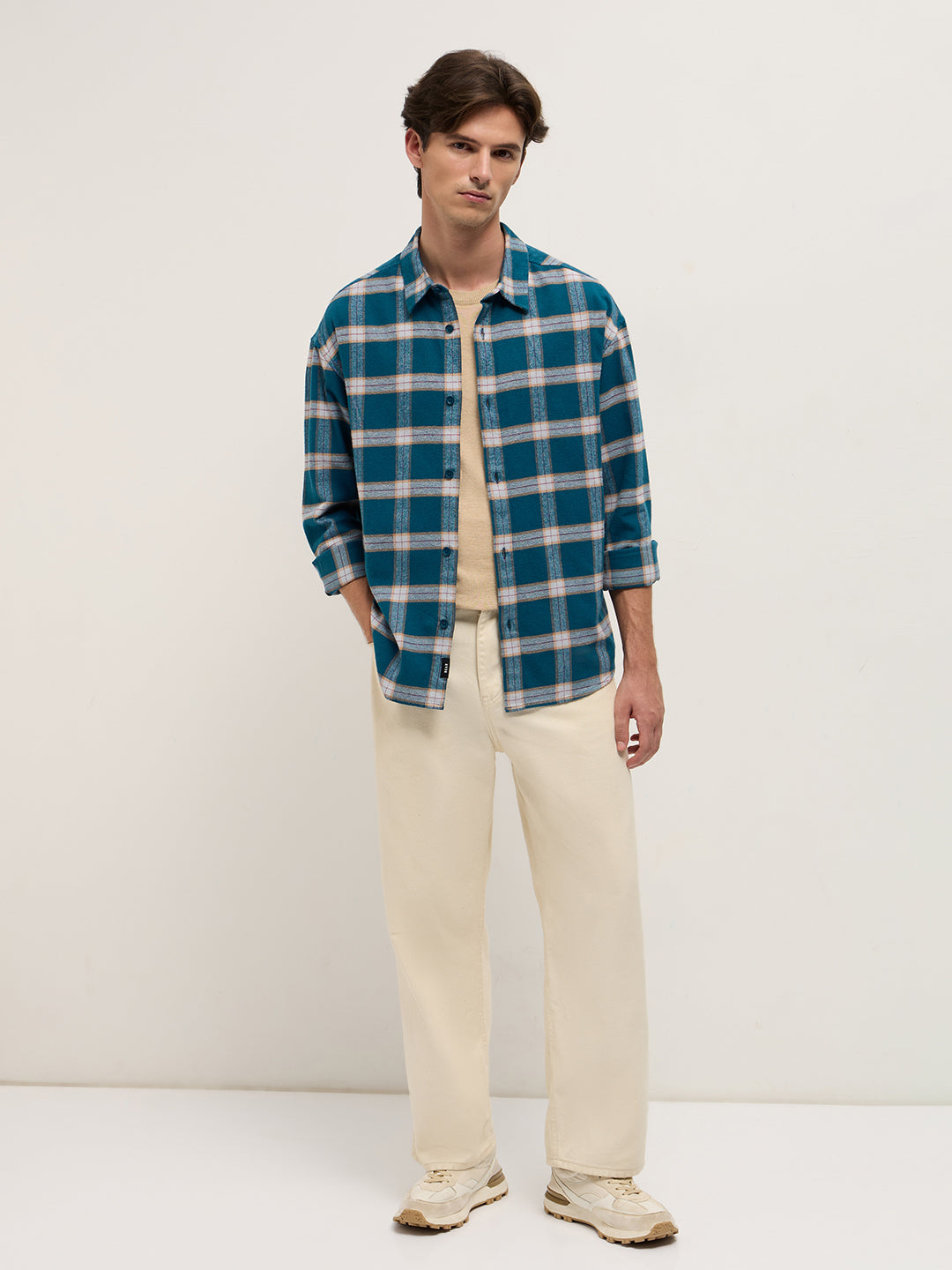 Men Teal Checked Flannel Woven Relaxed Fit Overshirt