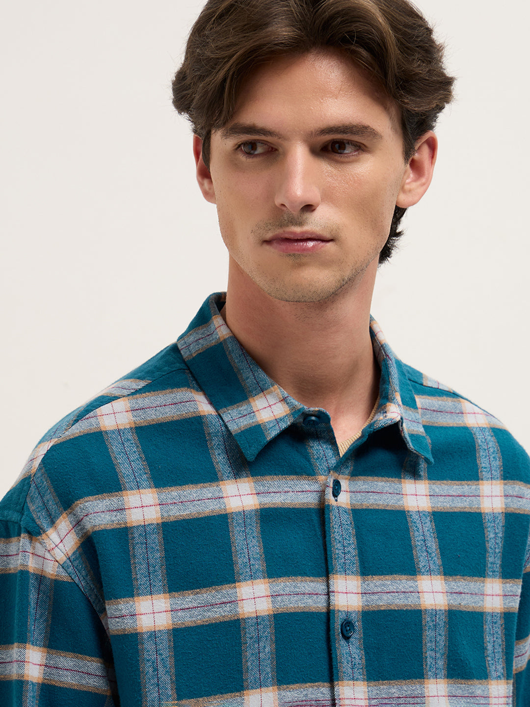 Men Teal Checked Flannel Woven Relaxed Fit Overshirt