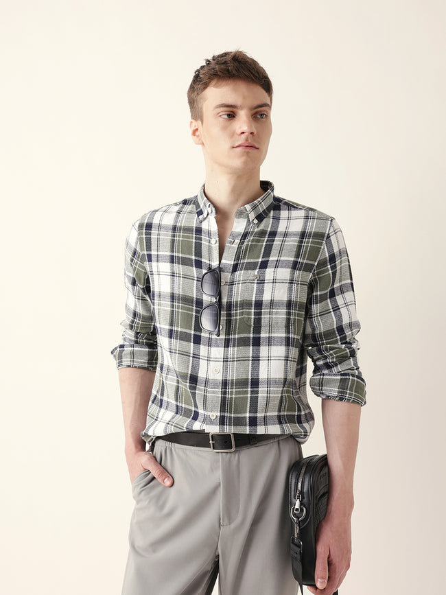 Men Casual Olive Plaid Flannel Shirt