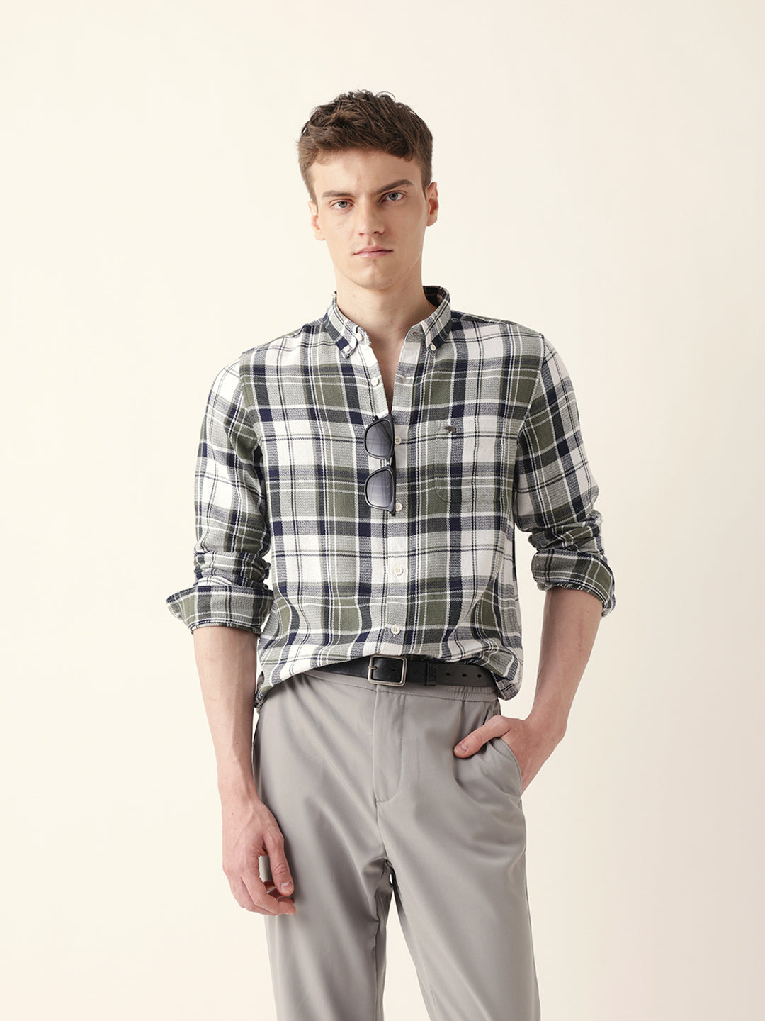 Men Casual Olive Plaid Flannel Shirt