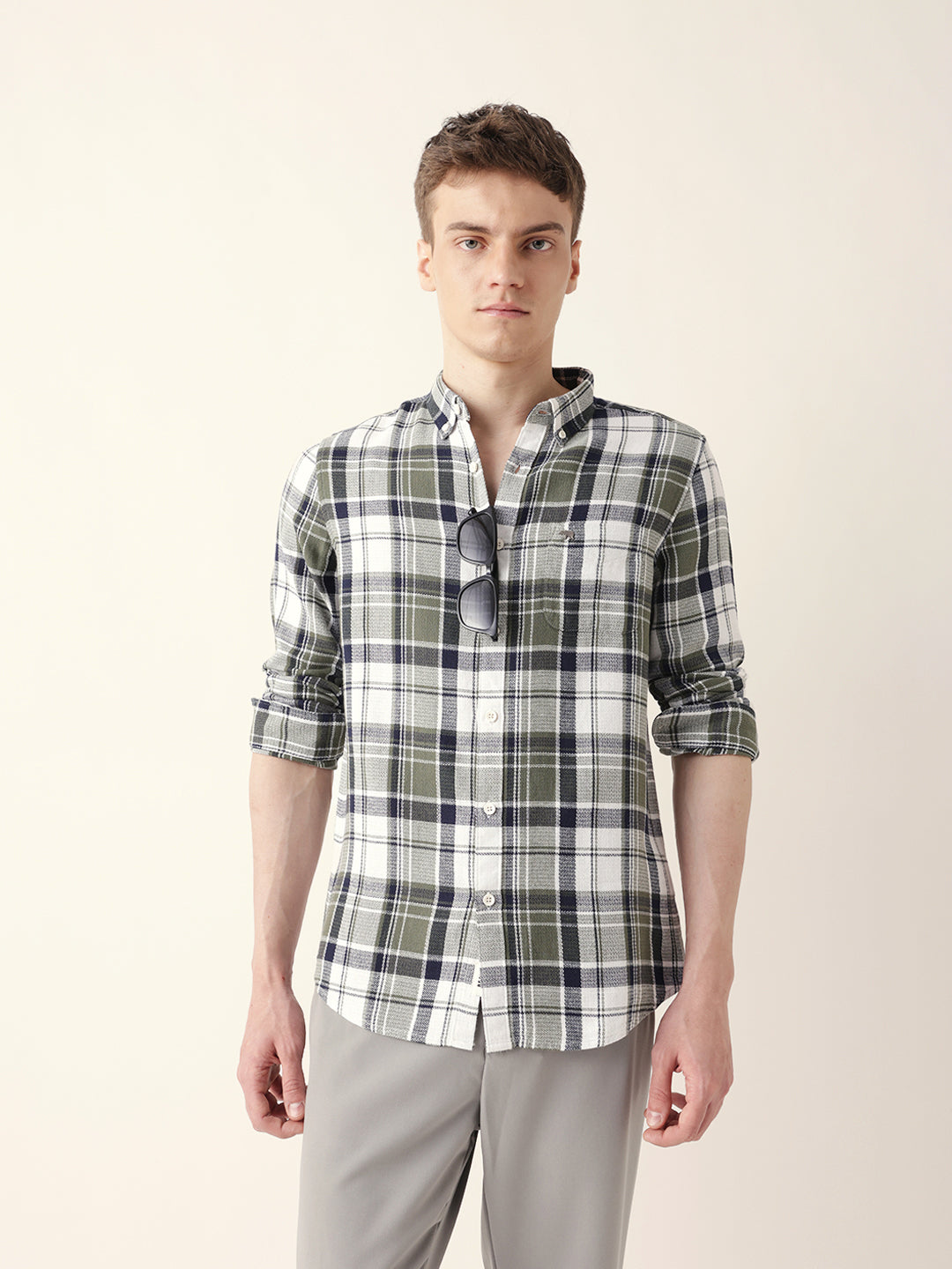 Men Casual Olive Plaid Flannel Shirt