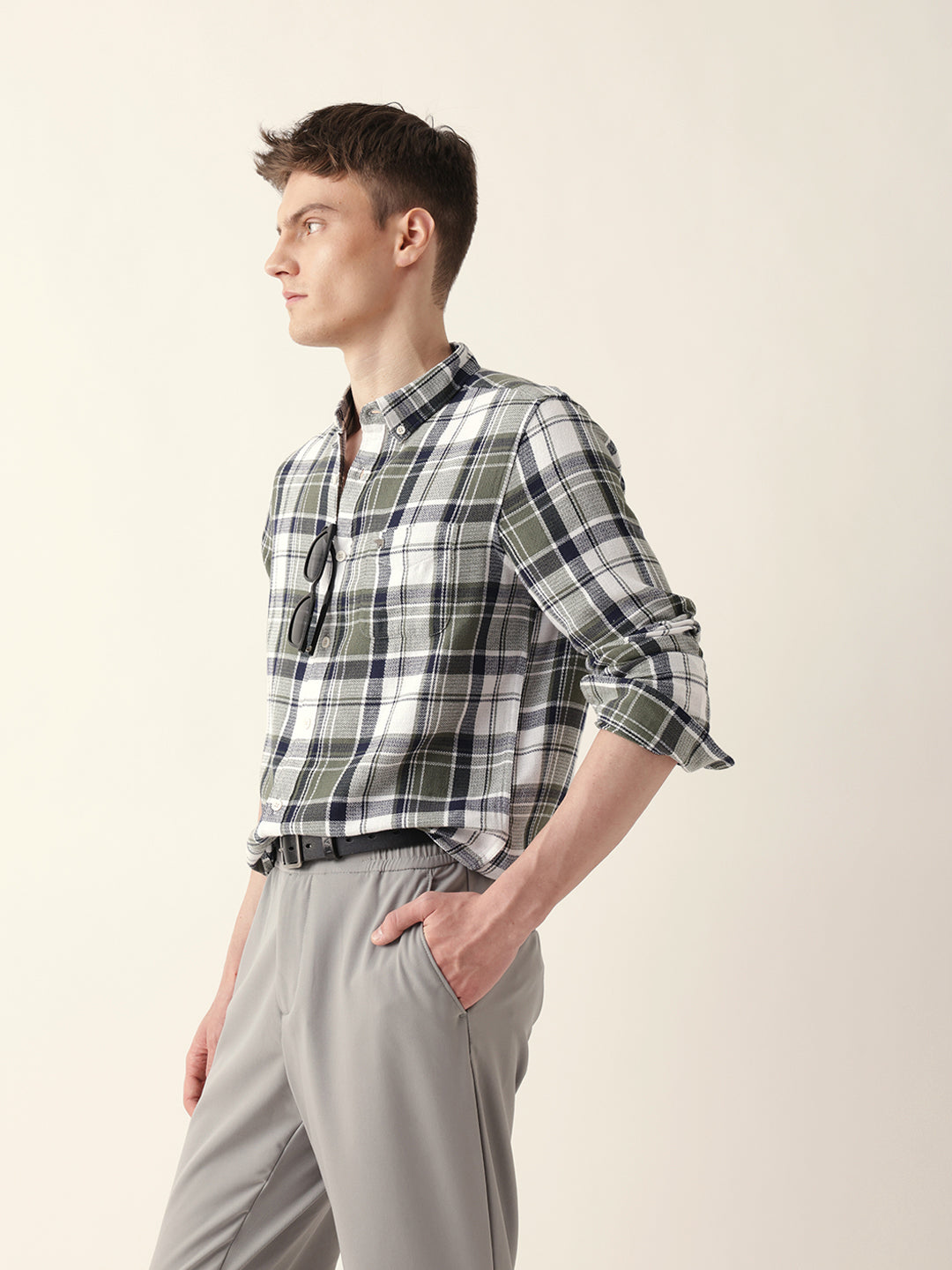 Men Casual Olive Plaid Flannel Shirt