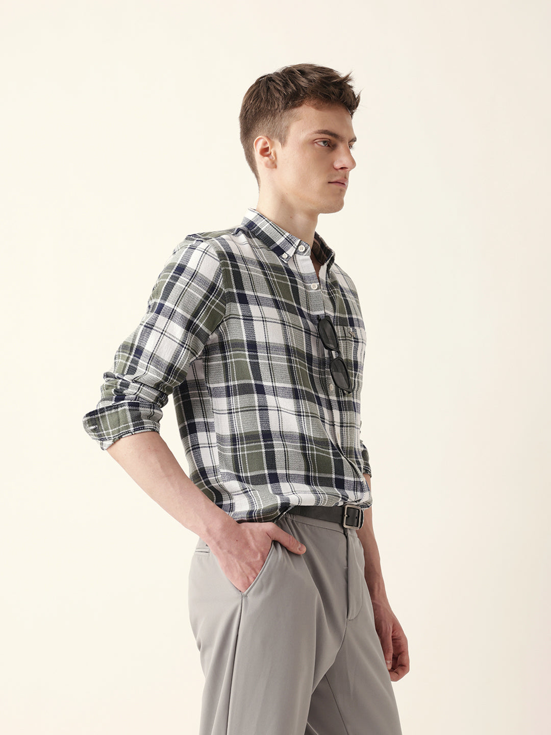 Men Casual Olive Plaid Flannel Shirt