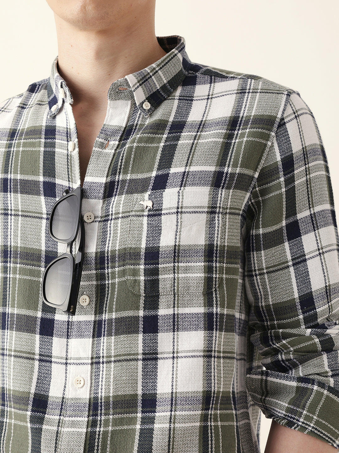 Men Casual Olive Plaid Flannel Shirt