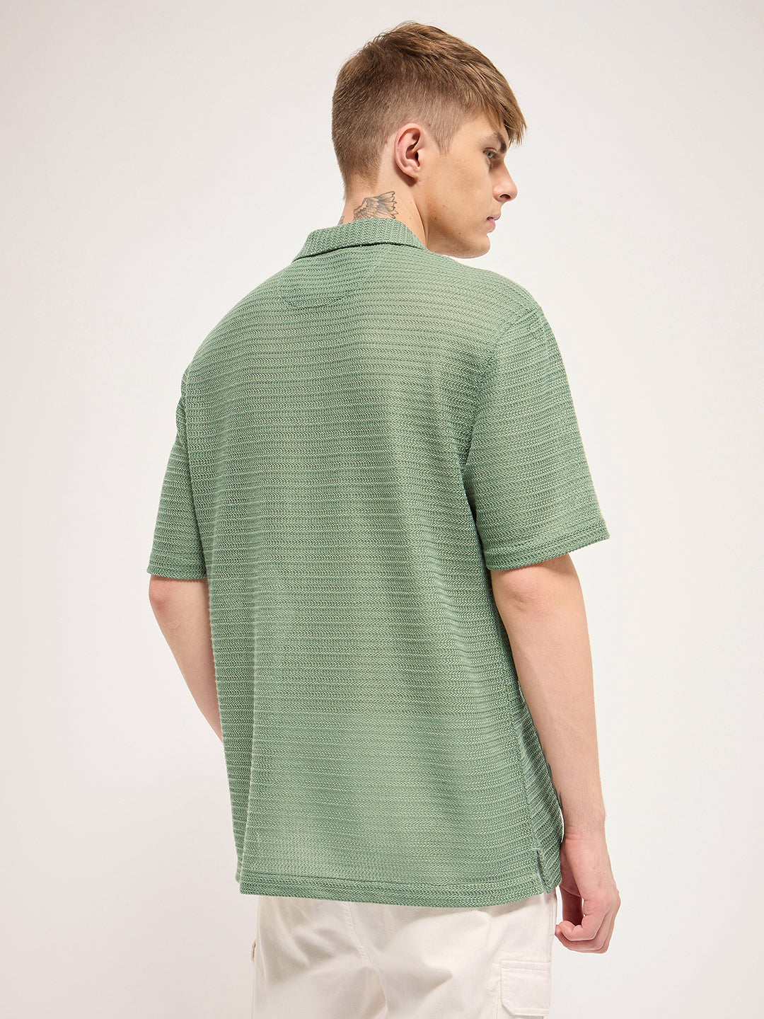 Men Olive Self Design Regular Fit Casual Shirt