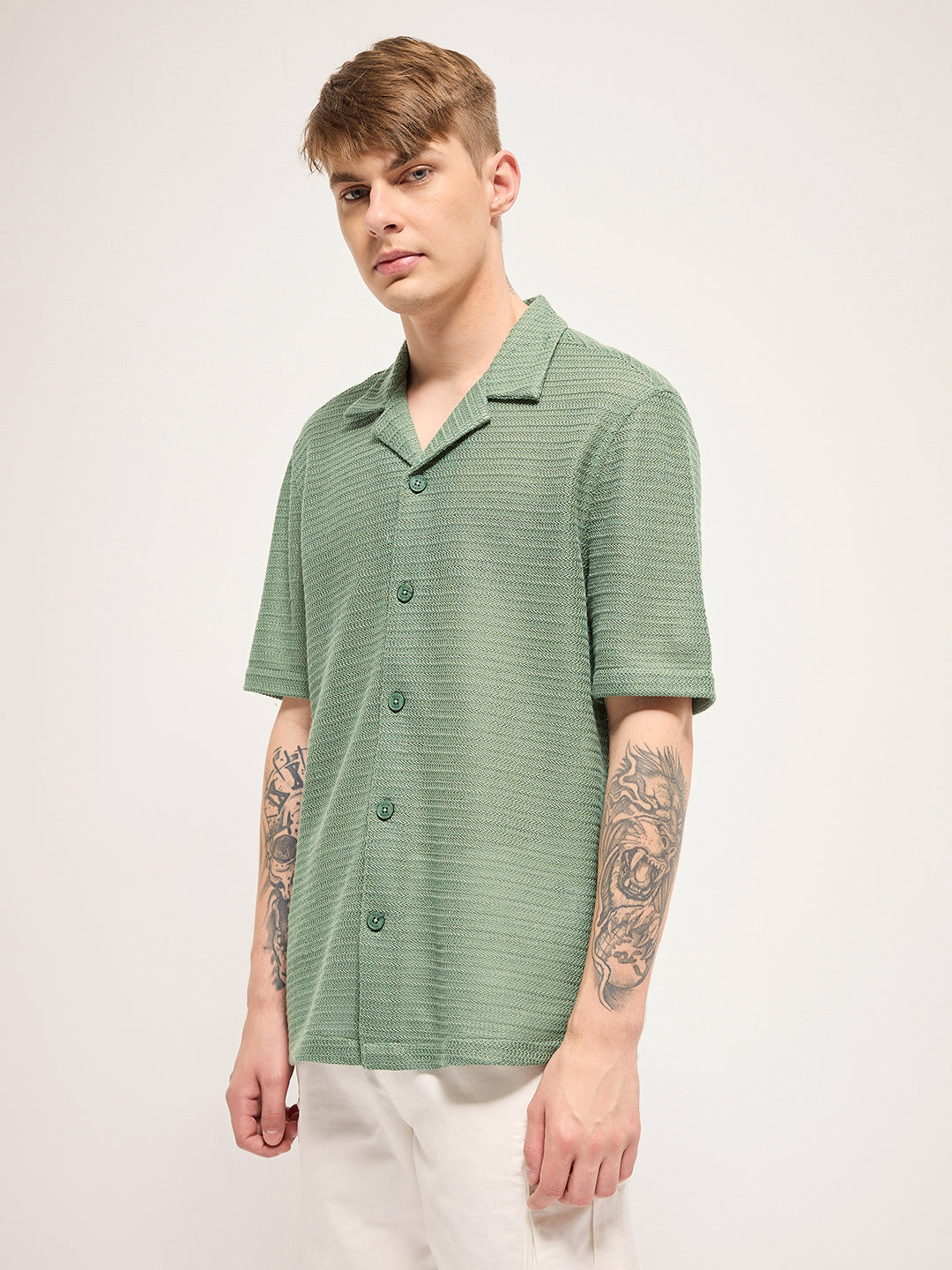 Men Olive Self Design Regular Fit Casual Shirt