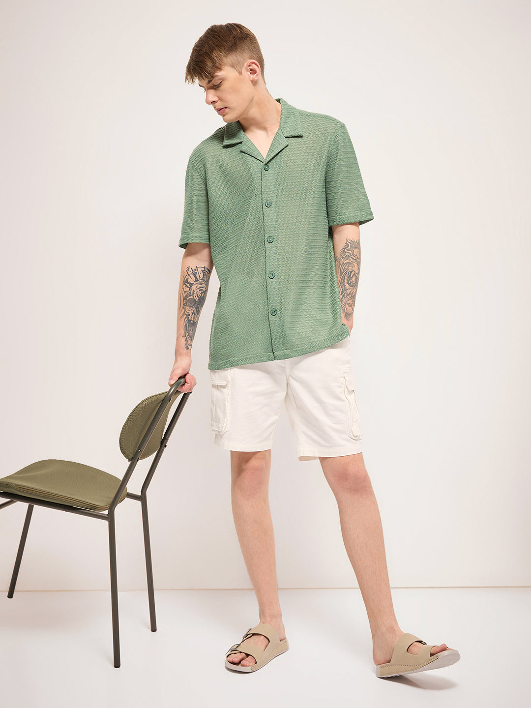 Men Olive Self Design Regular Fit Casual Shirt