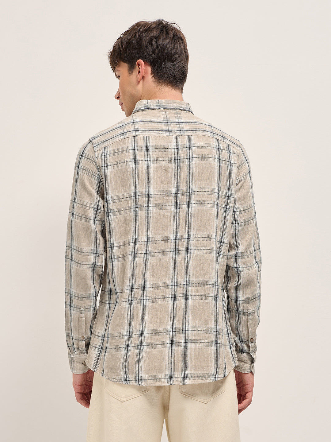 Men Beige Cotton Check Slim Fit Casual Shirt