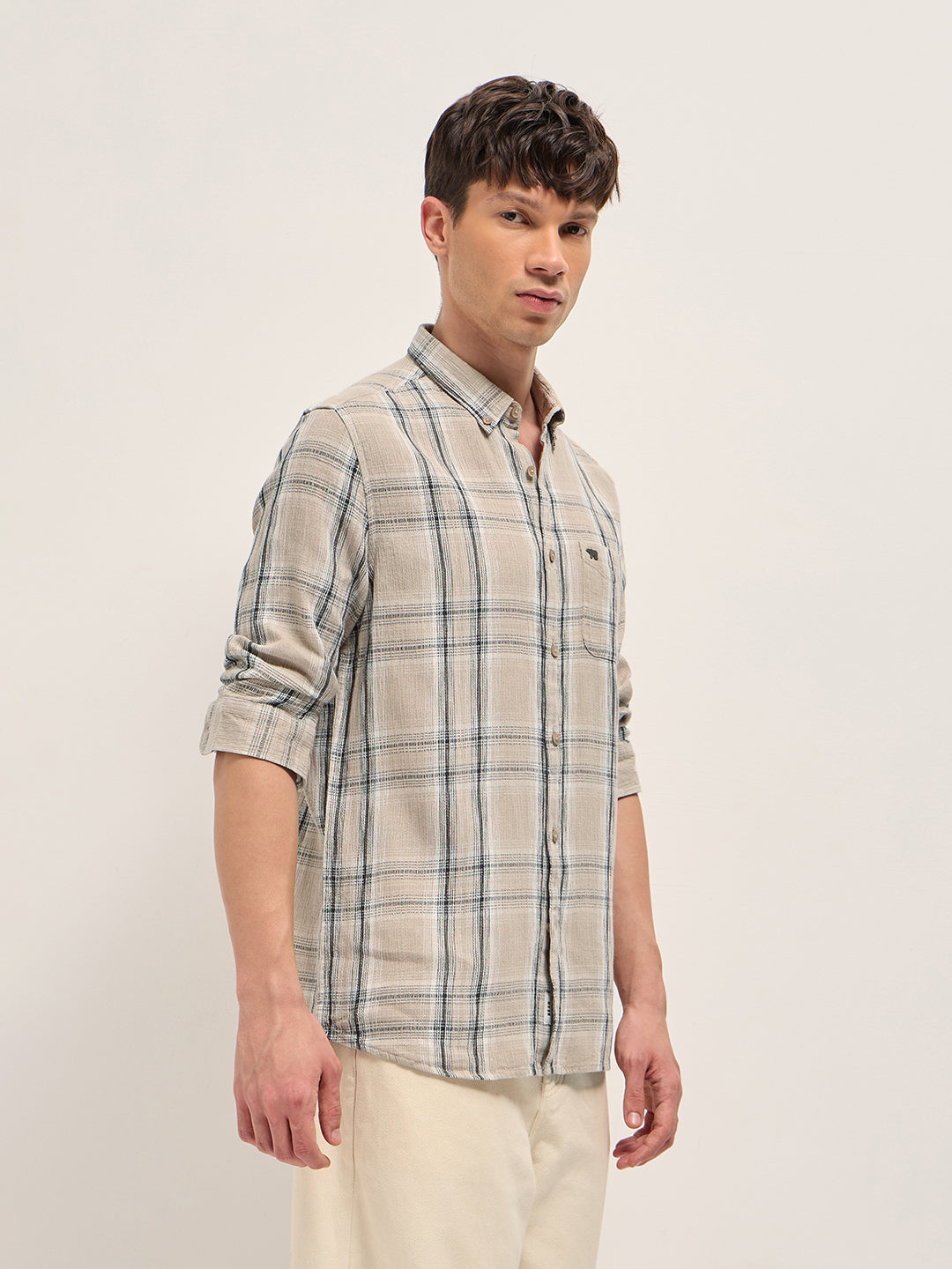 Men Beige Cotton Check Slim Fit Casual Shirt