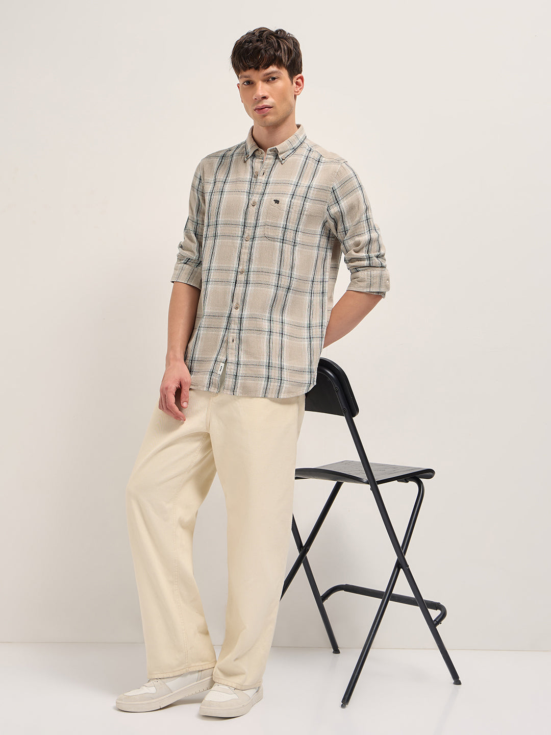 Men Beige Cotton Check Slim Fit Casual Shirt