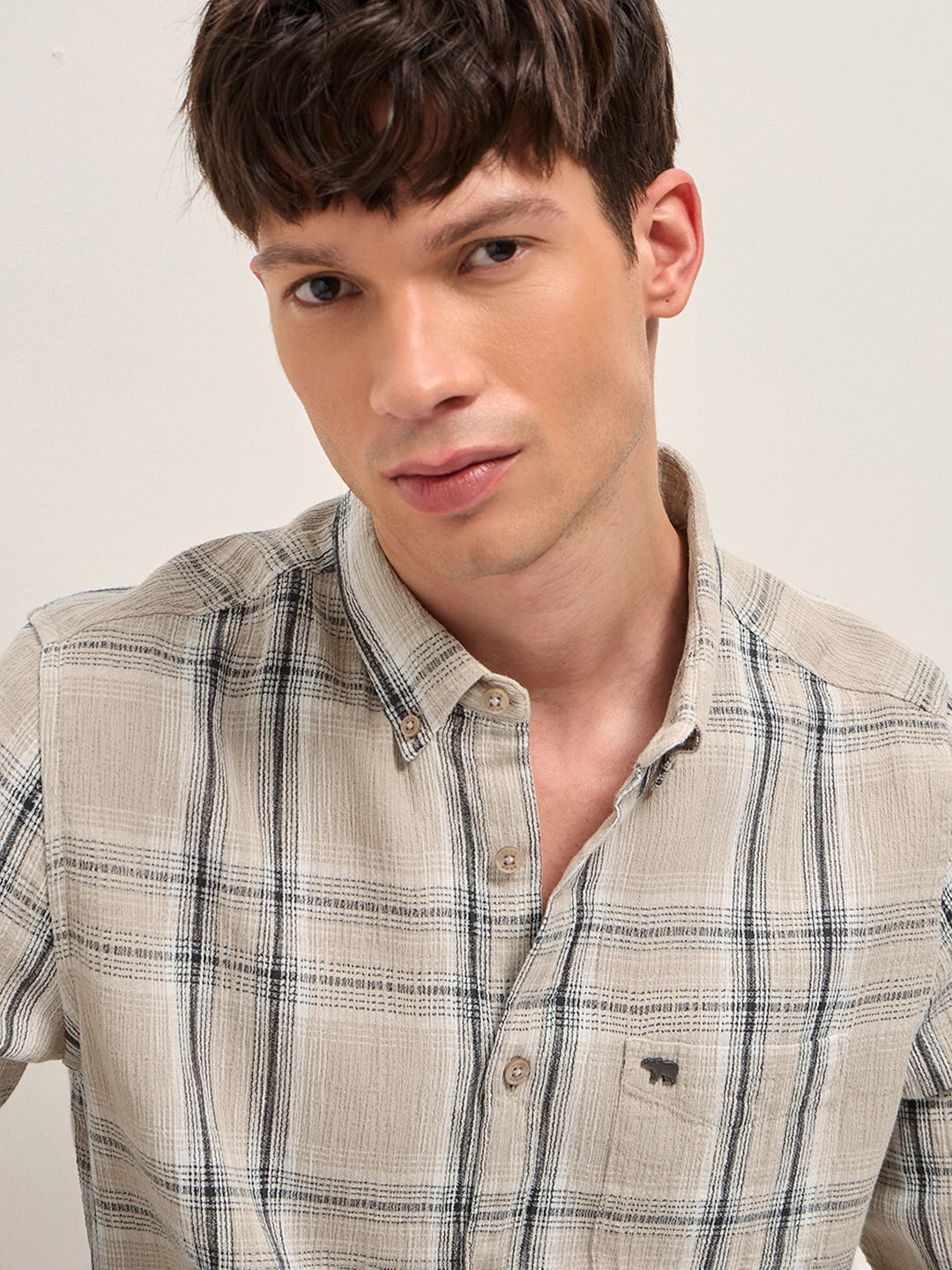 Men Beige Cotton Check Slim Fit Casual Shirt