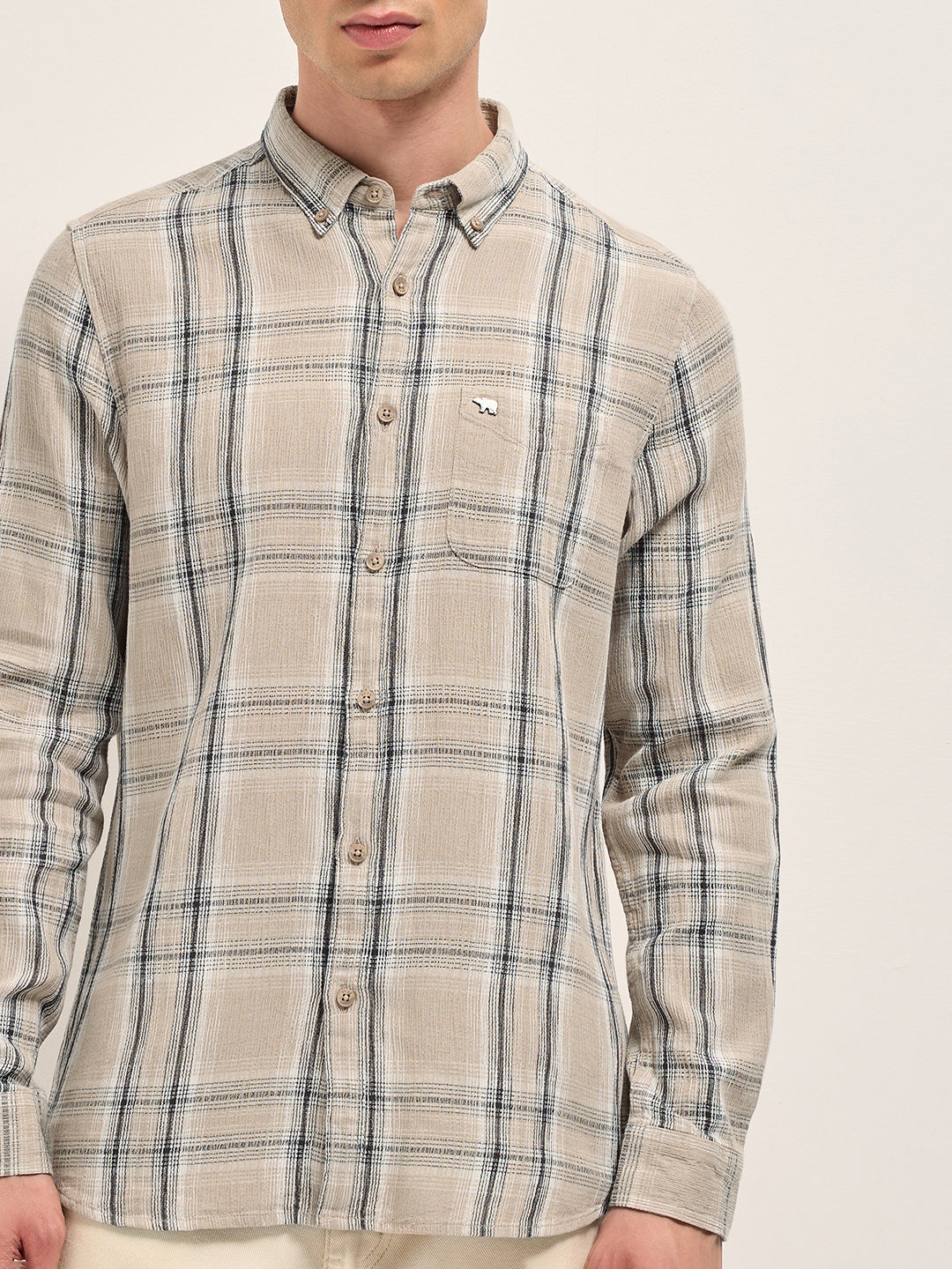 Men Beige Cotton Check Slim Fit Casual Shirt