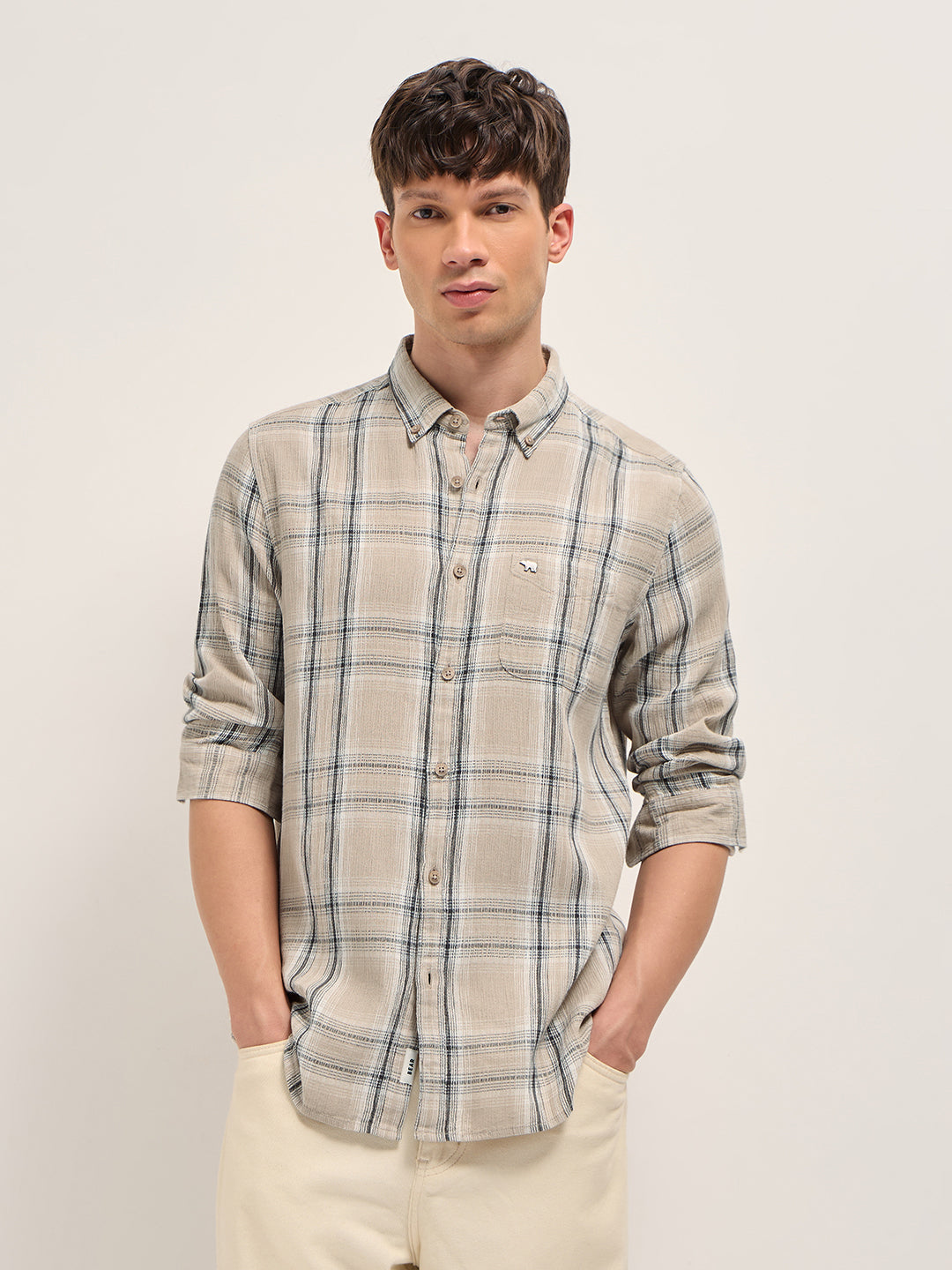 Men Beige Cotton Check Slim Fit Casual Shirt