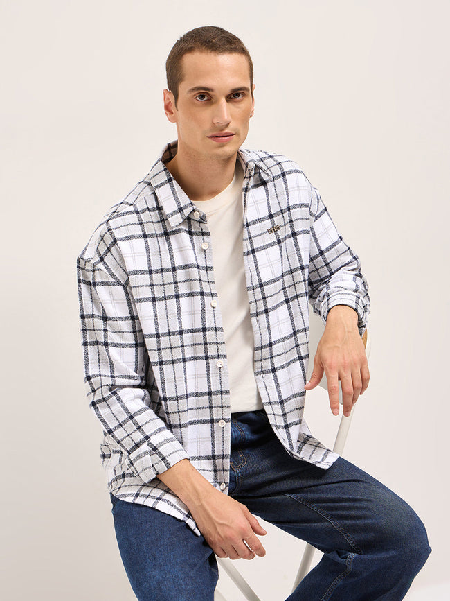 Men White Tartan Checked Design Relaxed Fit Overshirt