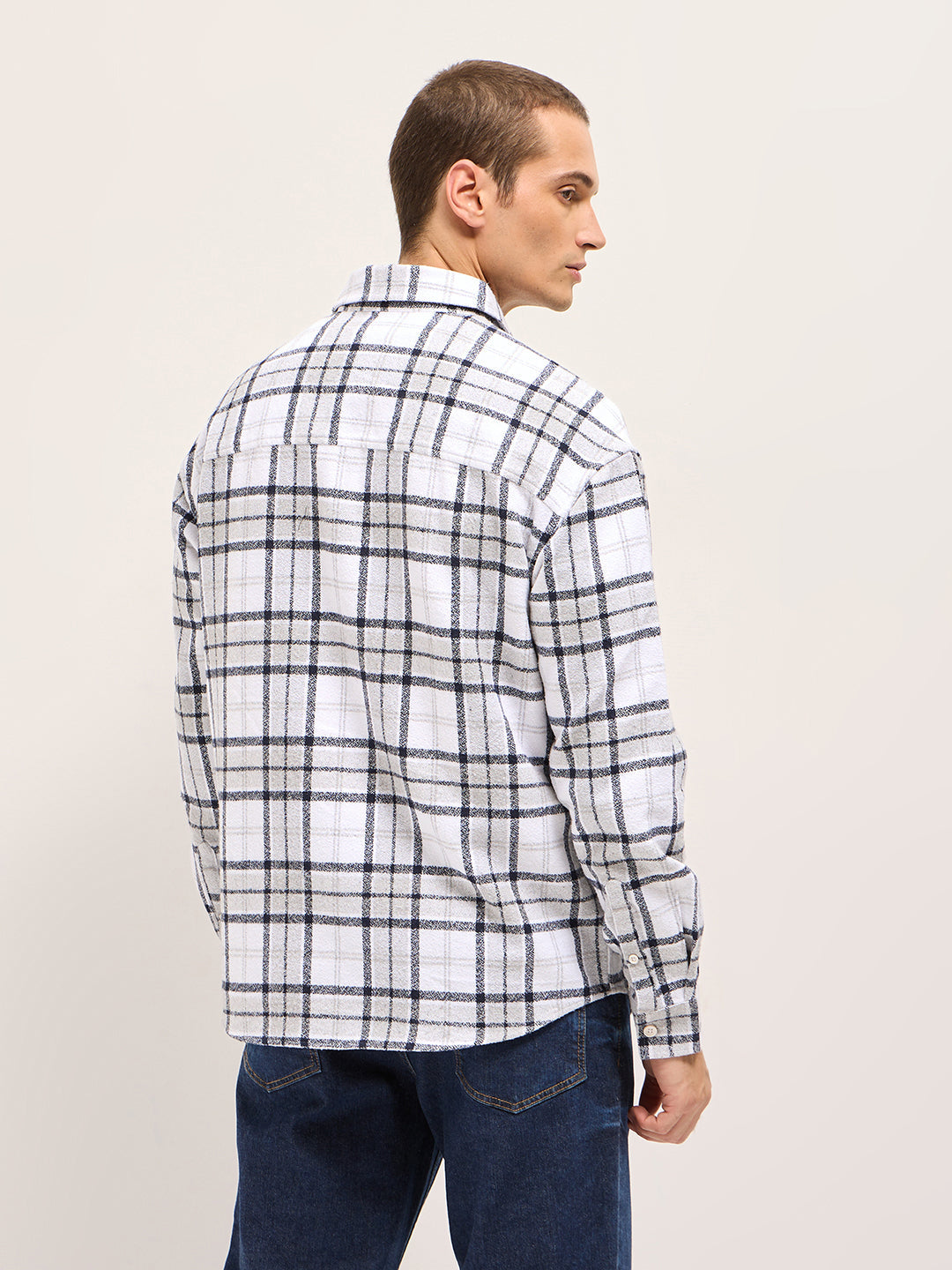 Men White Tartan Checked Design Relaxed Fit Overshirt