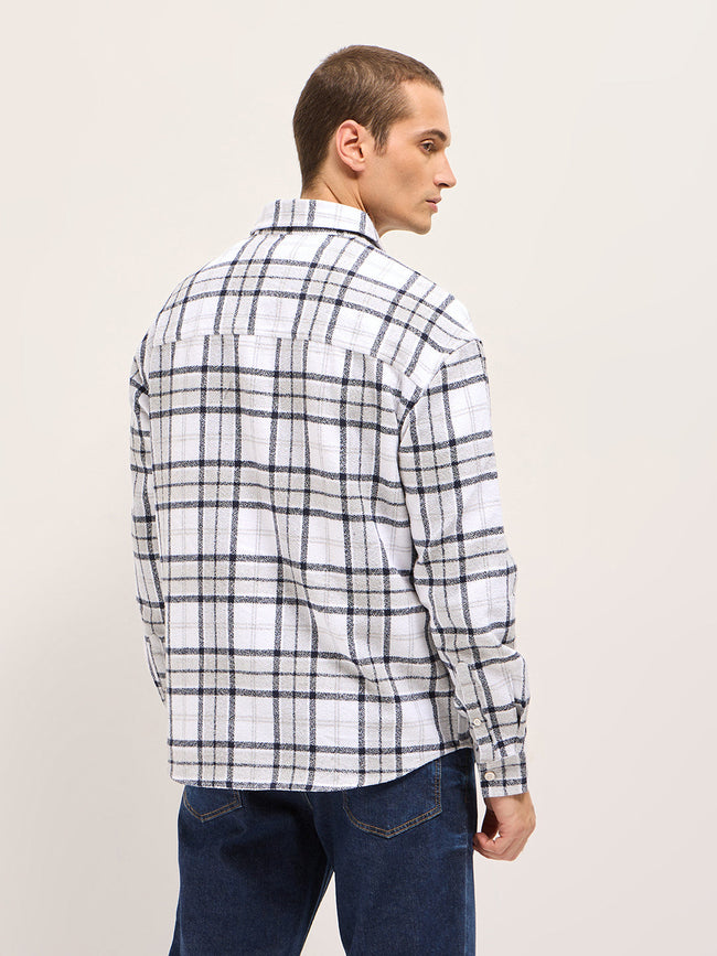 Men White Tartan Checked Design Relaxed Fit Overshirt