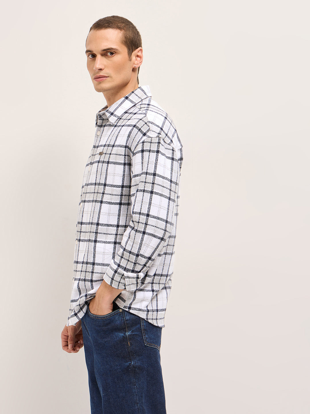 Men White Tartan Checked Design Relaxed Fit Overshirt
