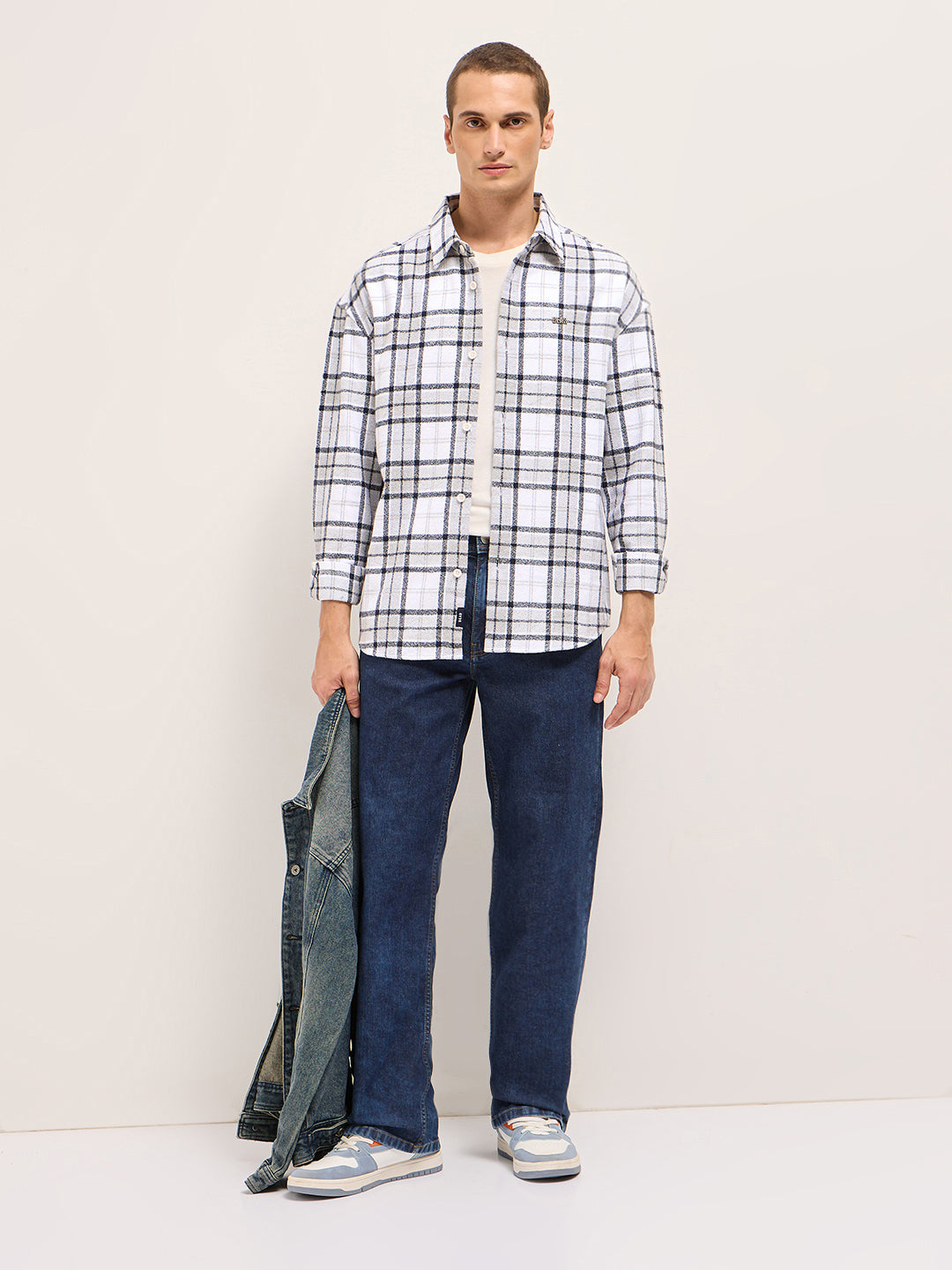 Men White Tartan Checked Design Relaxed Fit Overshirt