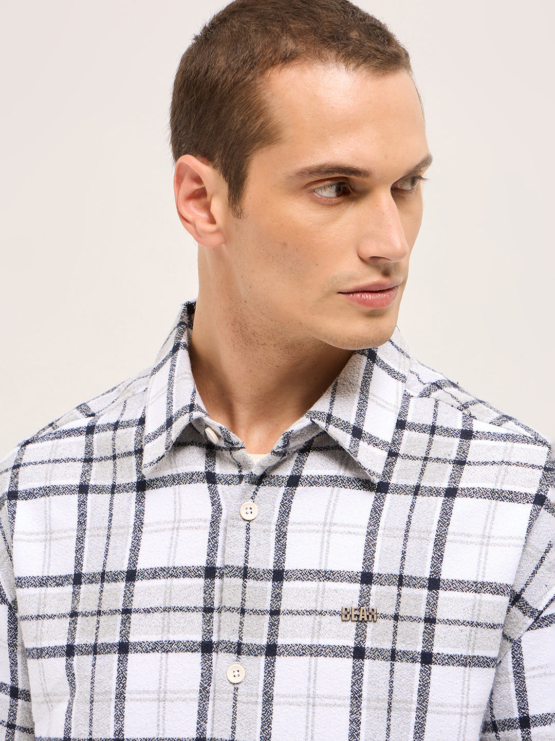 Men White Tartan Checked Design Relaxed Fit Overshirt