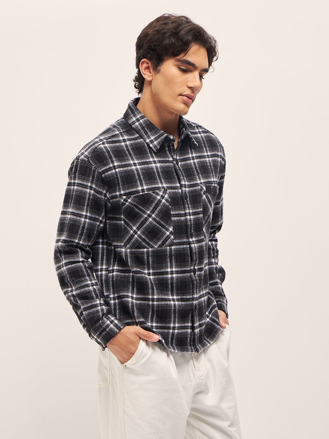Men BlackWhite Checked Relaxed Fit Shacket