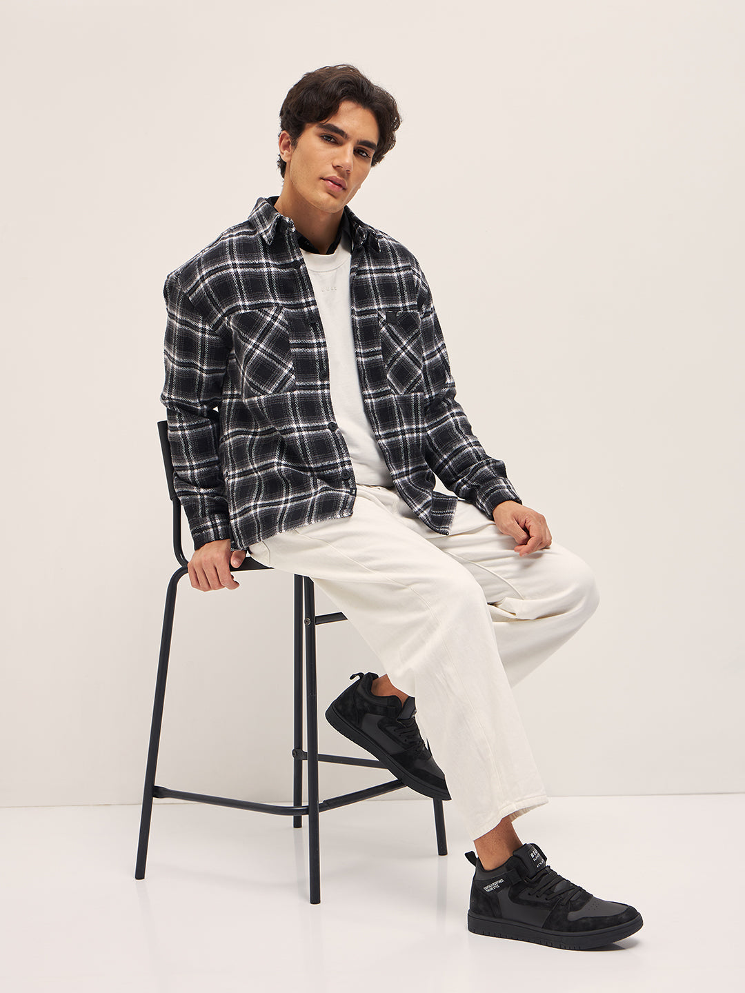 Men BlackWhite Checked Relaxed Fit Shacket