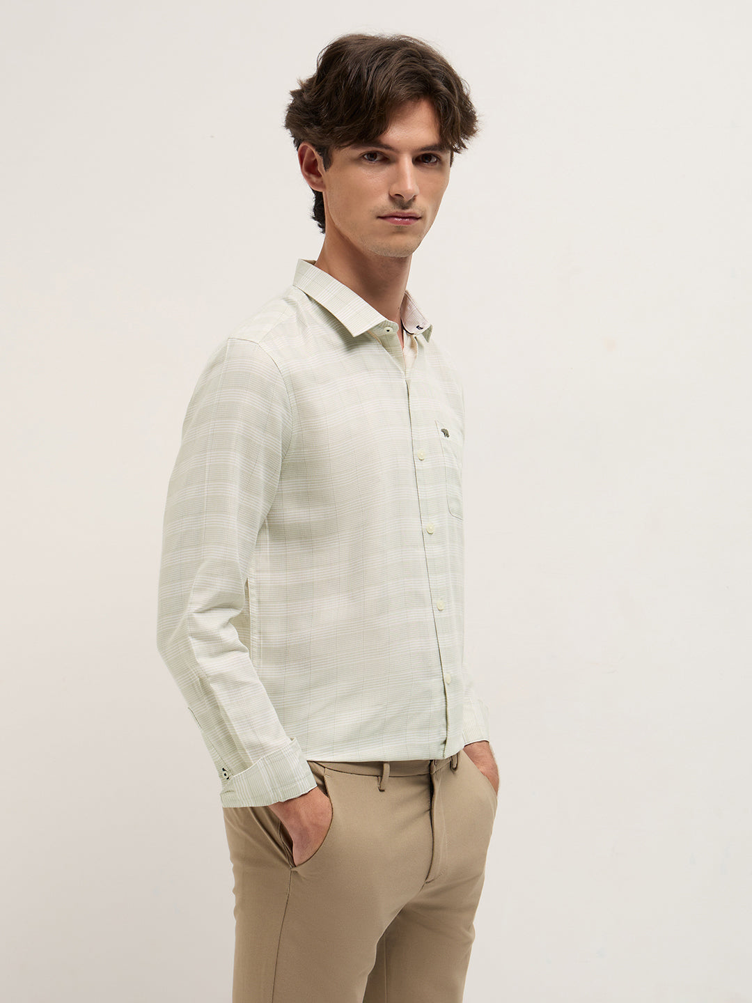 Men Light Green Woven Checked Design Tailored Fit Formal Shirt