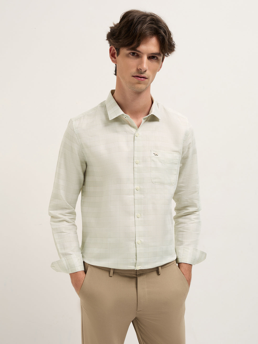 Men Light Green Woven Checked Design Tailored Fit Formal Shirt