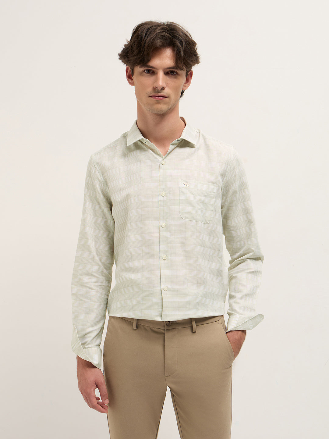 Men Light Green Woven Checked Design Tailored Fit Formal Shirt