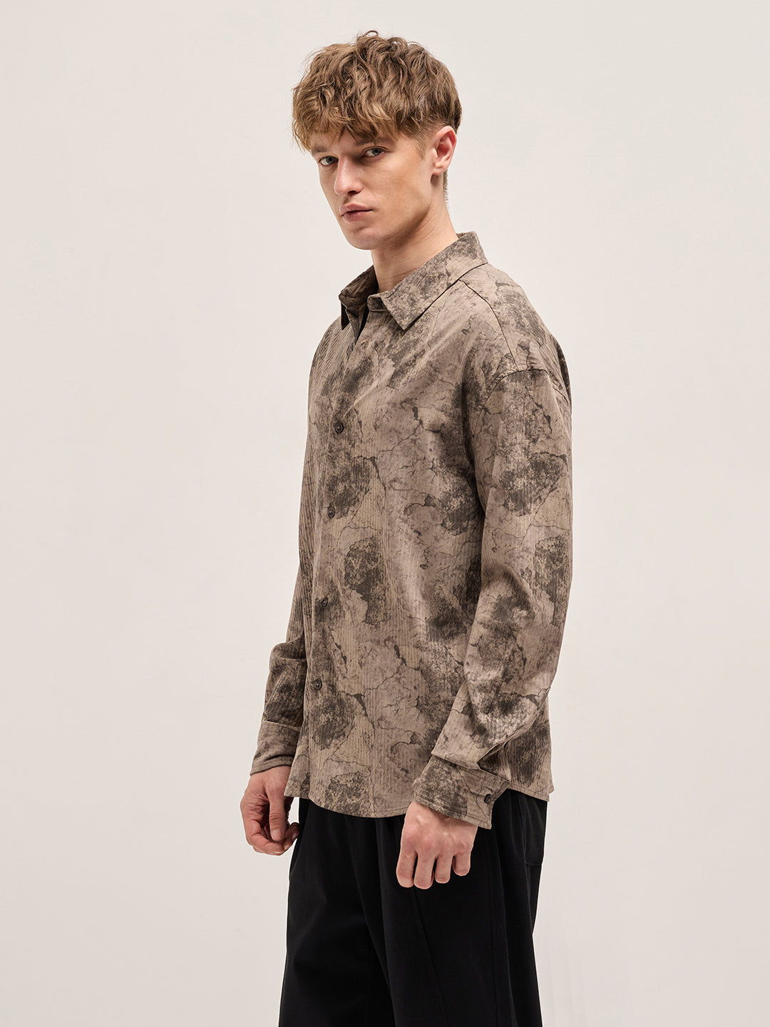Men Shirt Brown Abstract Digital Printed Relax Fit Casual Overshirt