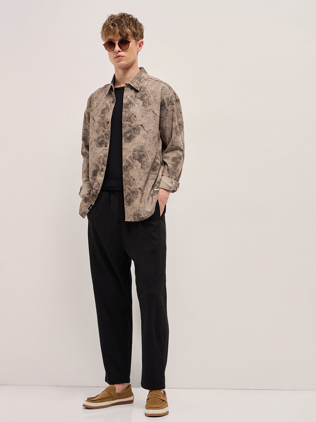 Men Shirt Brown Abstract Digital Printed Relax Fit Casual Overshirt