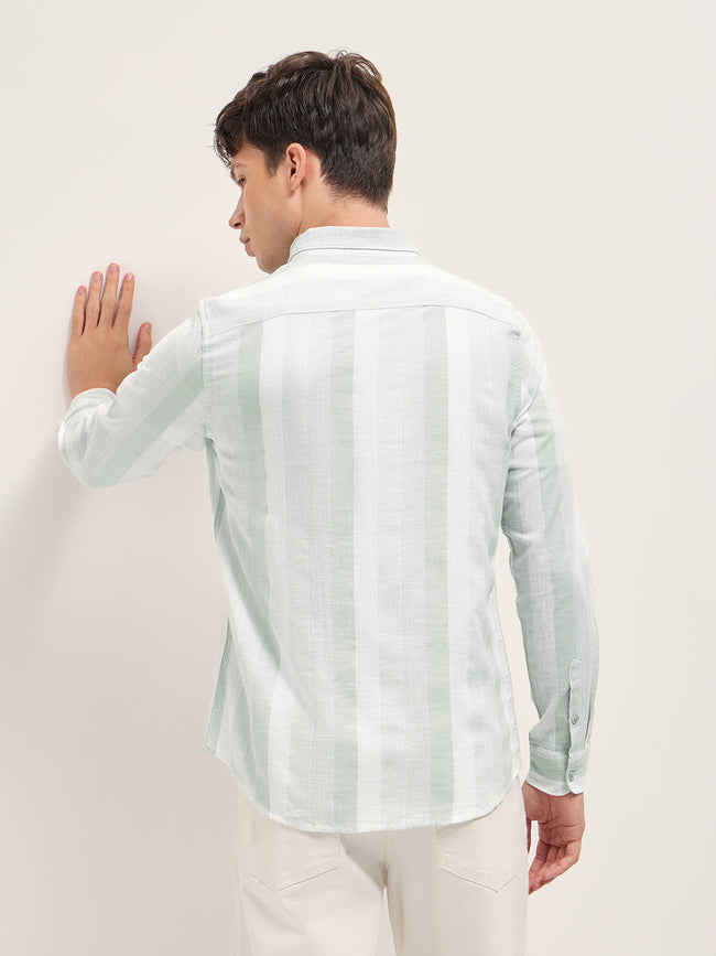 Men Light Green Textured Woven Stripe Slim Fit Cotton Casual Shirt