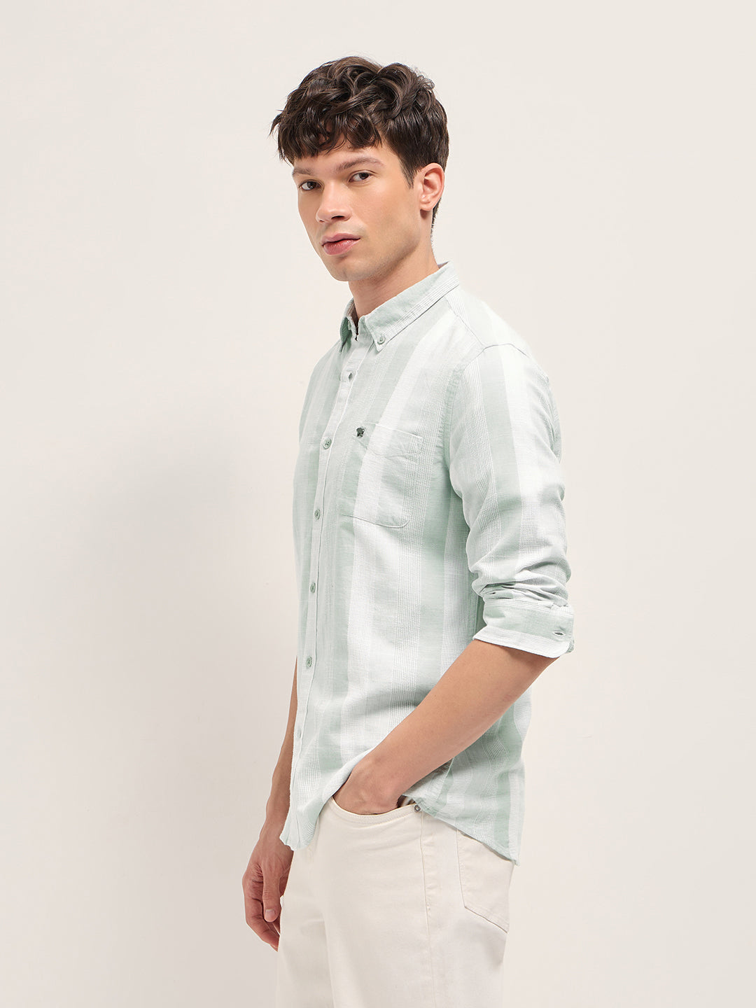 Men Light Green Textured Woven Stripe Slim Fit Cotton Casual Shirt