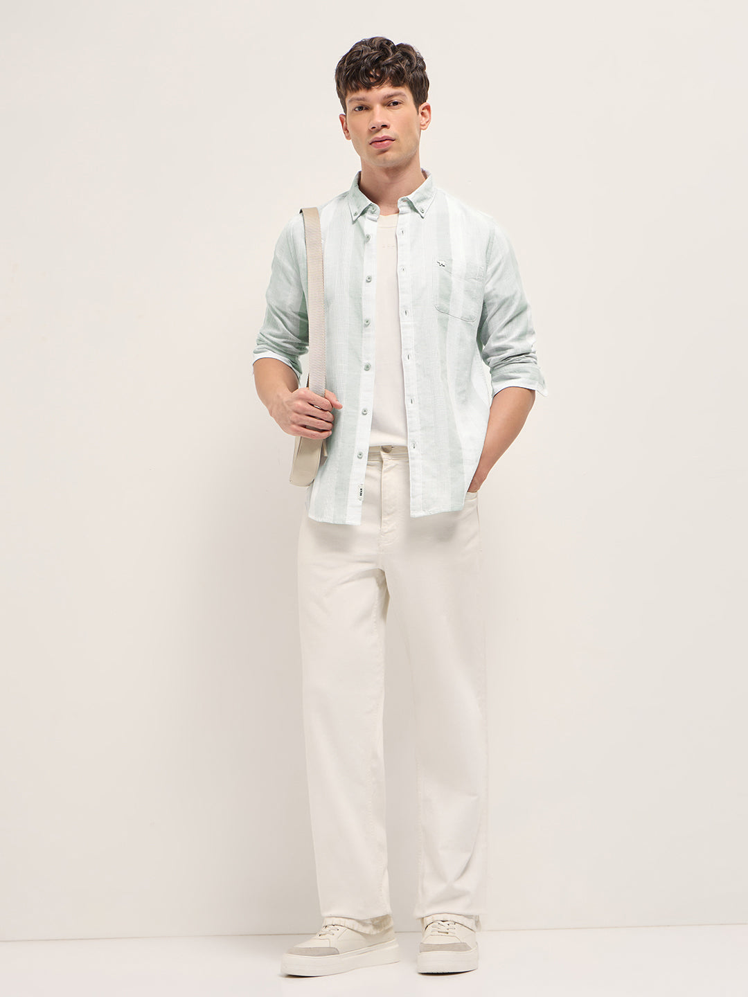 Men Light Green Textured Woven Stripe Slim Fit Cotton Casual Shirt