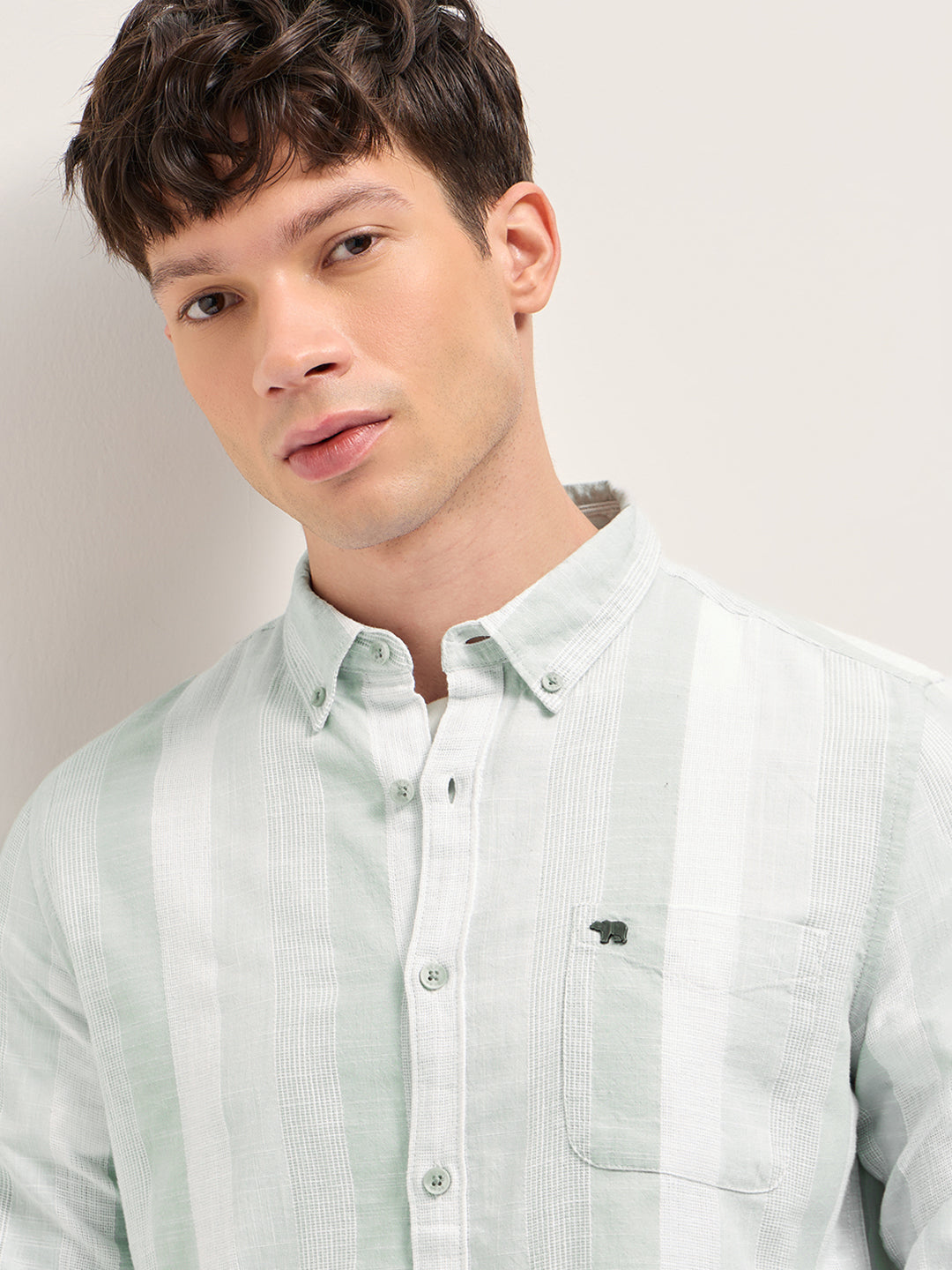Men Light Green Textured Woven Stripe Slim Fit Cotton Casual Shirt
