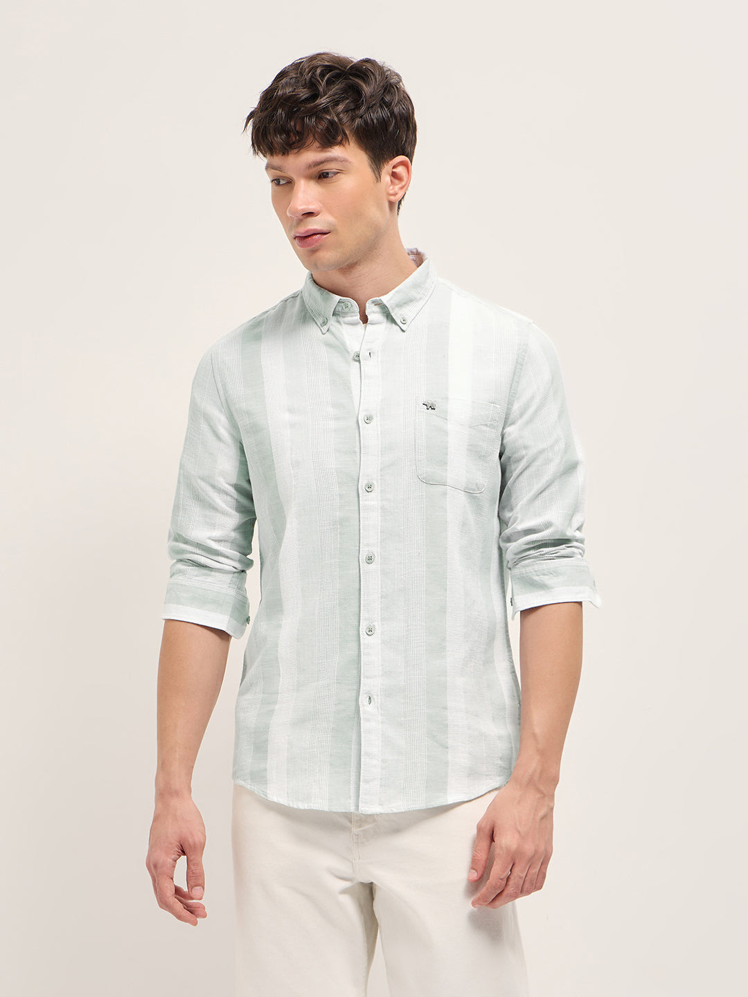 Men Light Green Textured Woven Stripe Slim Fit Cotton Casual Shirt