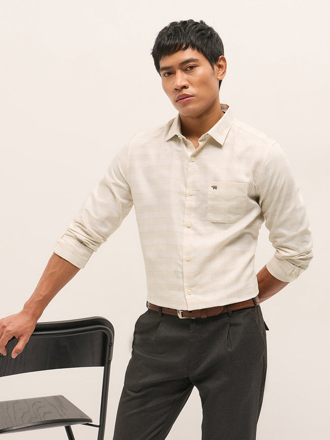 Men Beige Woven Checked Design Tailored Fit Formal Shirt