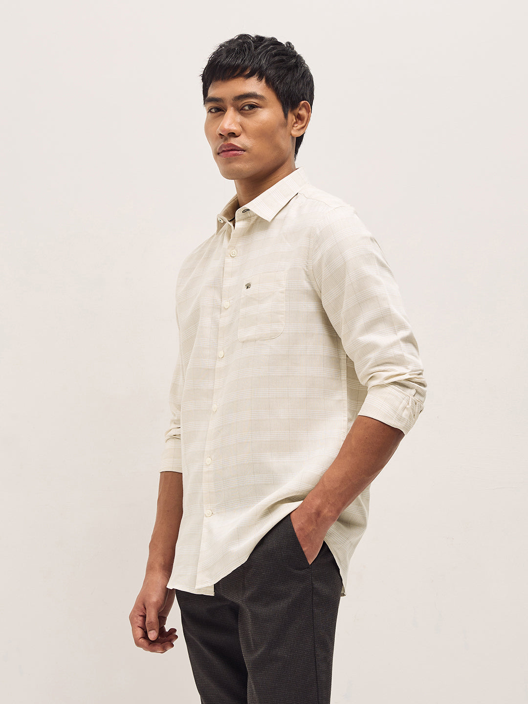 Men Beige Woven Checked Design Tailored Fit Formal Shirt