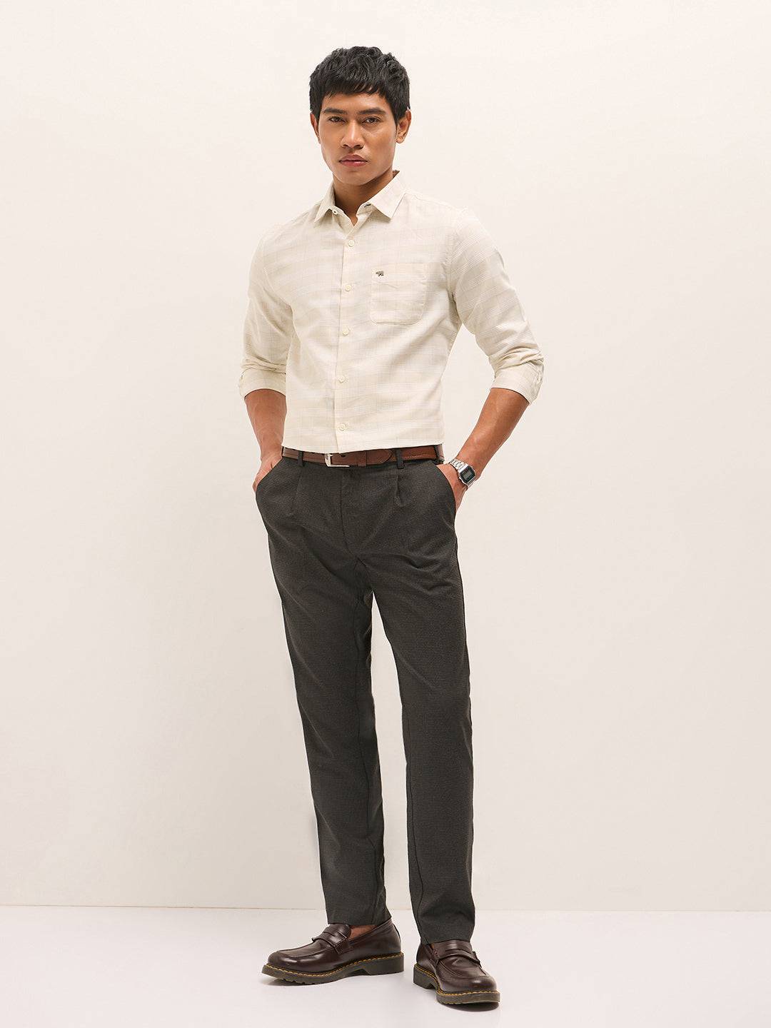 Men Beige Woven Checked Design Tailored Fit Formal Shirt