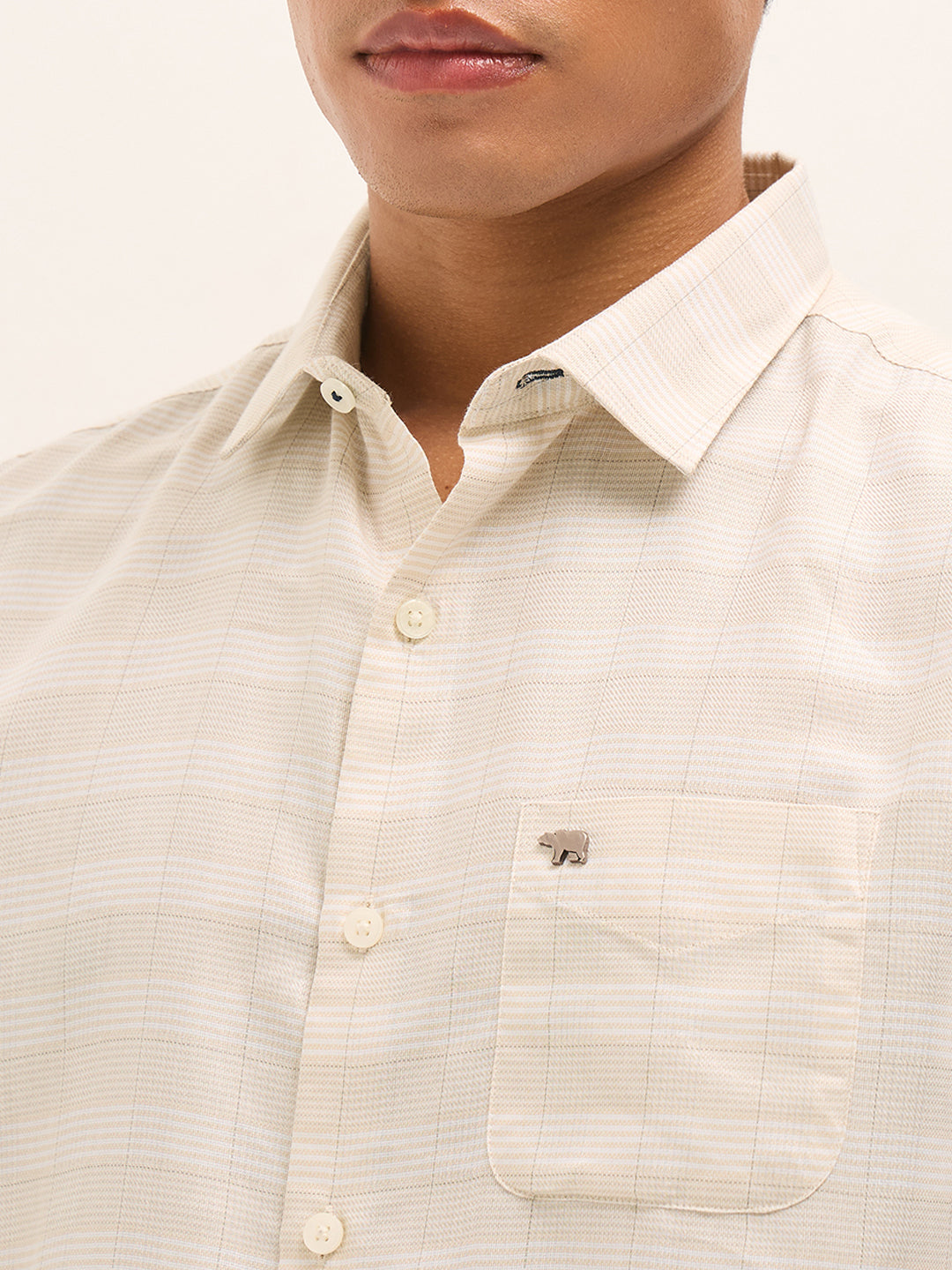 Men Beige Woven Checked Design Tailored Fit Formal Shirt