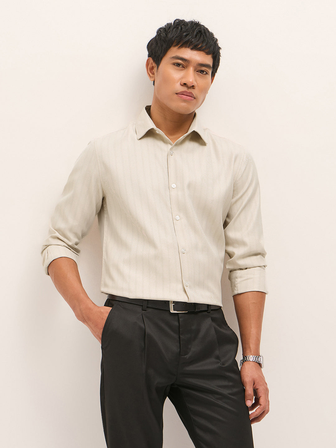 Men Beige Woven Stripe Pattern Tailored Fit Formal Shirt