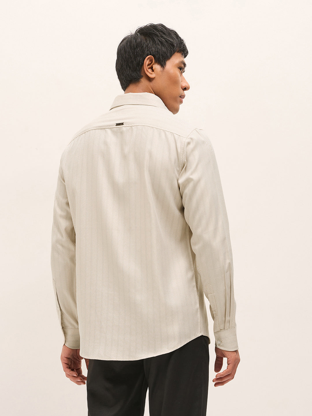 Men Beige Woven Stripe Pattern Tailored Fit Formal Shirt