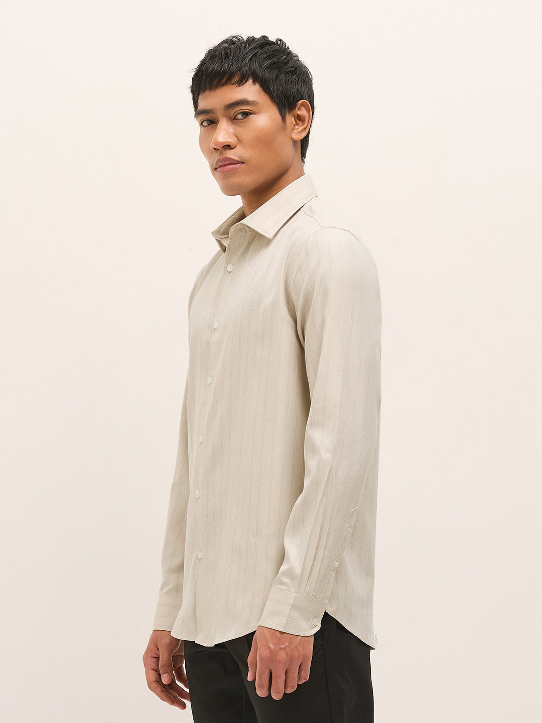 Men Beige Woven Stripe Pattern Tailored Fit Formal Shirt