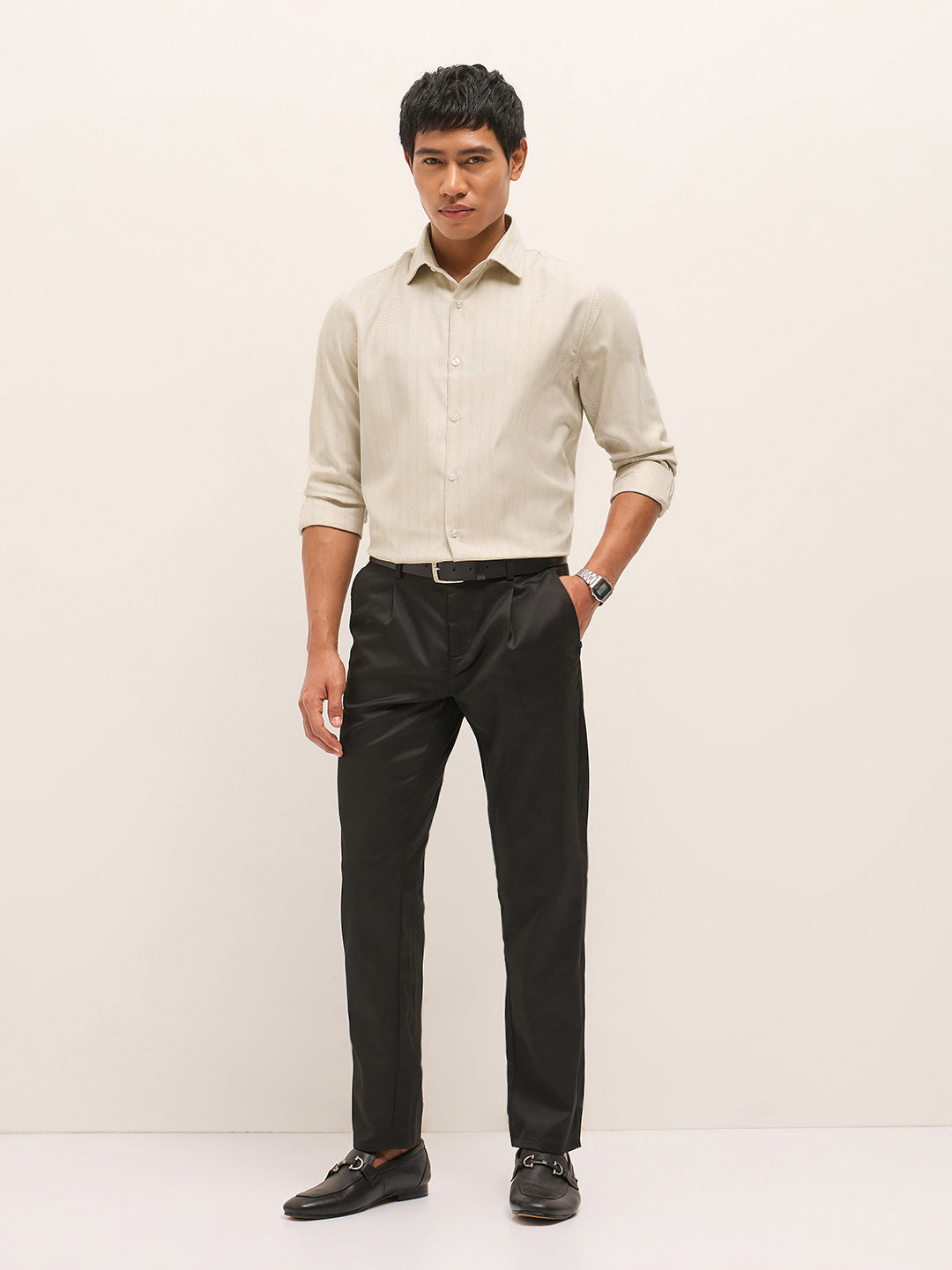 Men Beige Woven Stripe Pattern Tailored Fit Formal Shirt