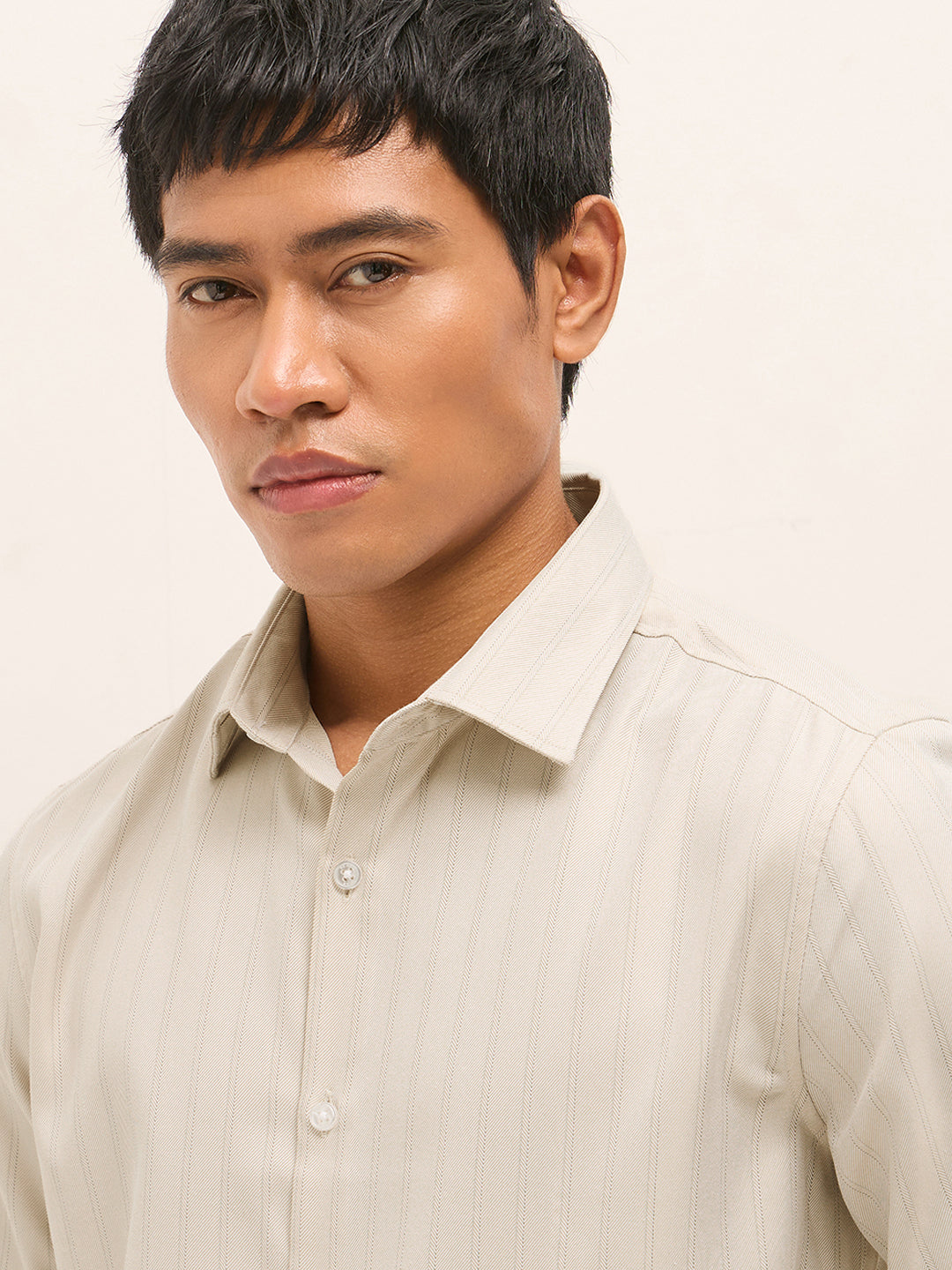 Men Beige Woven Stripe Pattern Tailored Fit Formal Shirt